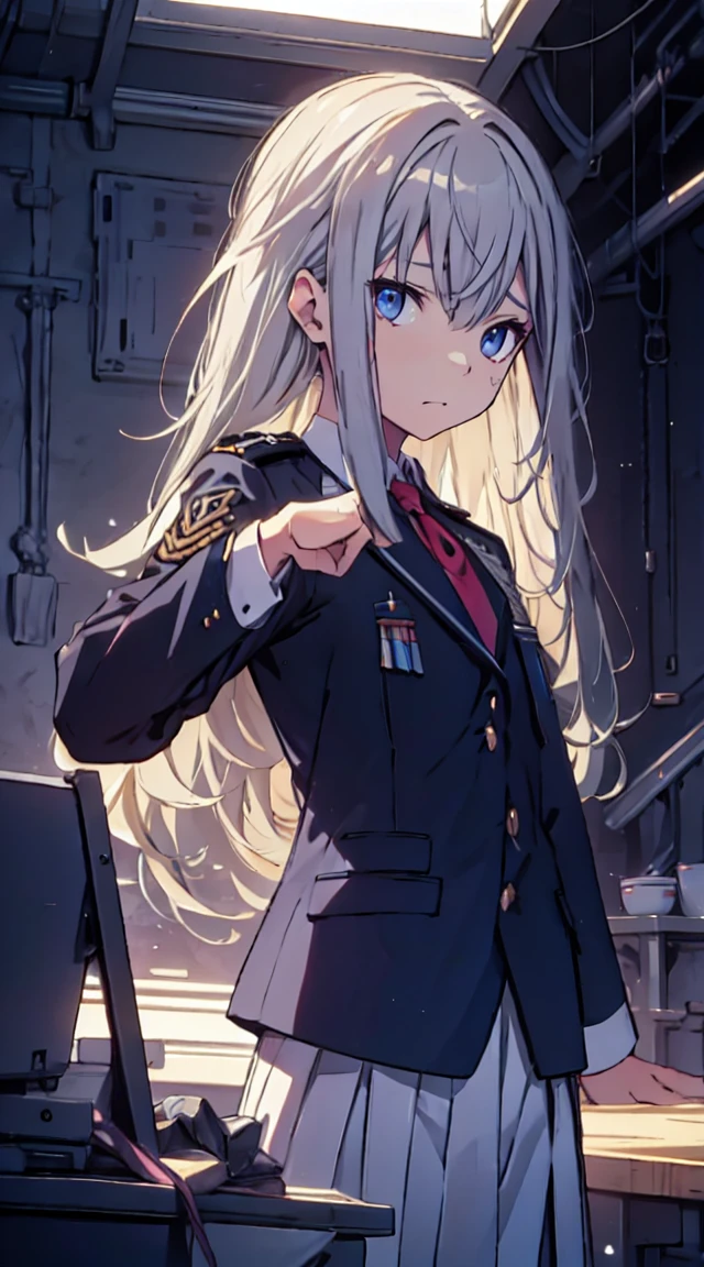 best quality, ultra detailed, absurdres, HDR,1loli、pose with a troubled face、uniform
