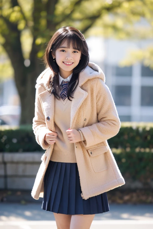 (((masterpiece))), (((full body photo，standing position)))，(((walking)))、 (one beautiful girl, innocence，cute) ，ultra high resolution, reality, Super detailed, 8k,highest quality, very detailed, blurred background,thin，small breasts，(very beautiful japanese girl, detailed face:1.3), (boyish short black hair :1.4), (baby face，cute系,adorable junior high school girl), (perfect body:1.1),((thick coat for winter，navy pleated skirt，winter fashionista))、rosy cheeks，,Super detailedな顔、detailed lips、detailed eyes、small gravure idol，transparent skin、lolita，Photoreal:1.37、bright sunny day、snow scene，Examination venue，Cold morning，The morning sun  dazzling，cold air、Junior high school appearance，nervous smile，tense air，A look full of determination，Many examinees in the background