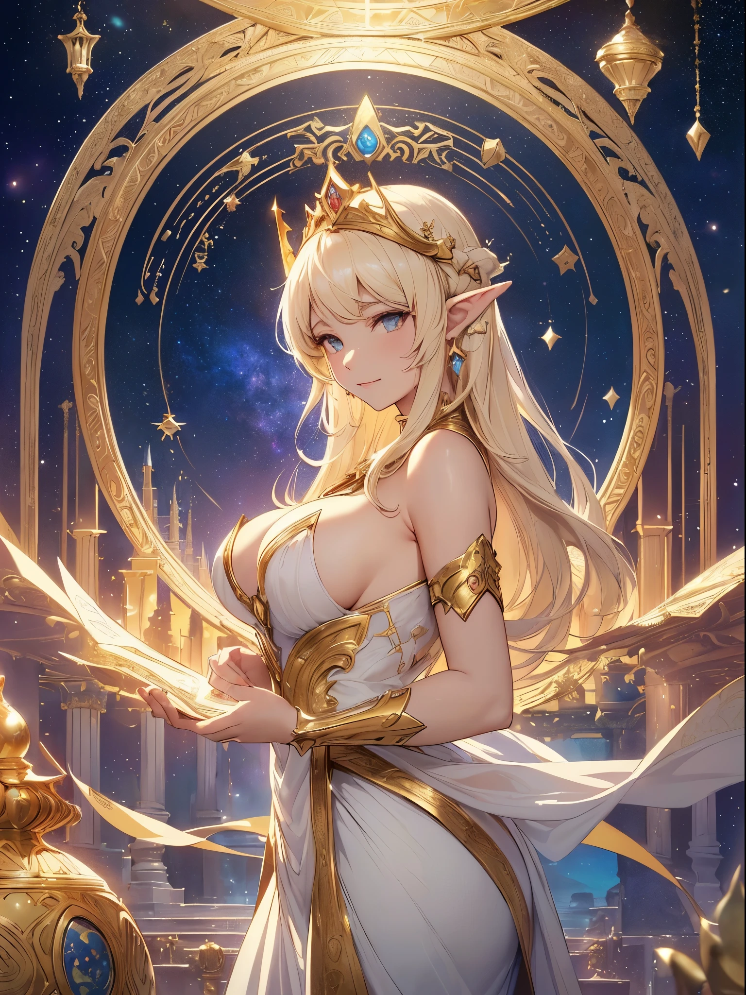highest quality、Highest image quality、masterpiece、Super beautiful elf beauty((22 years old OL big bust、bust 90,beautiful long ironed hair、blonde、globe、、slender、Close-up、Esbian、beautiful tiara、High quality、beautiful art、background((starry ski)))muste piece、visual art、Depth of the bounds written、low angle of morning sky、、elf ears、、magic of light、space knight、harp melody🎵、A happy smile、gentle light、、Beautiful legs that are gentle on the skin、、、Number of fingers to achieve precise finger movements、ticker beautiful decorative dress、elegant、mystical rosa、 heaven、marble columns, beautiful dressy、magnificent marble dome、giant galaxy、religious painting、embrace the earth、temple of time、great watch、hourglass、sundial、moment of creation!myth、alphonse mucha art、art nouveau、byzantine art、folding screen picture、gold foil、Raphael's paintings、renaissance art、Giant White Dragon、dragon