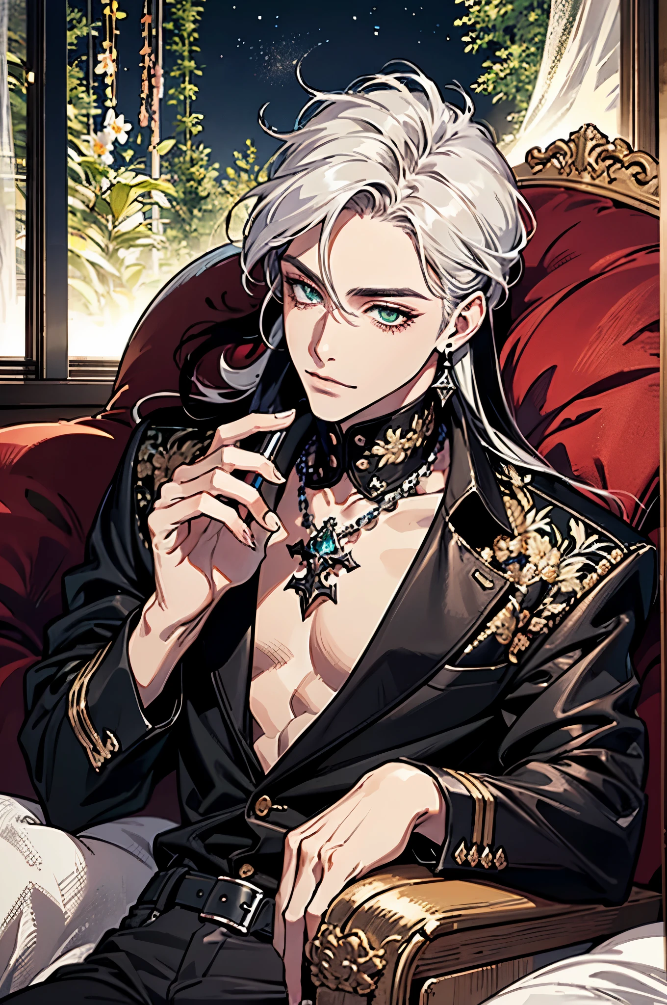 (((long hair)))(((long hair))),(A high resolution, Ultra detailed), 1人,  man, Handsome, Tall,, finely detailed  eyes and detailed face, Black leather pants, White color blouse, with short golden hair，Moon, forest, Silver earrings, Gothic, Dark, Looking at the view, Light green detail eyes, eyes liner, (Masculine), Sexy, Fake smile, Seductive, Slightly muscular, Very attractive, Bouquet，Red roses ripen, (( mature face)),(((long hair)))(((long hair)))