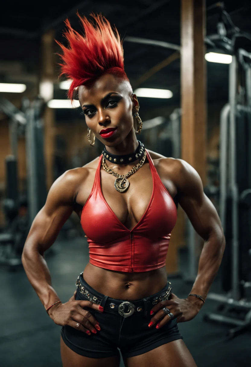 1980 vintage photography of a sexy muscular Somali woman inside a dark gym after hours standing flexing, massive cleavage, dynamic posing, abs, grinning, dramatic, spikey punk dyed_red mohawk vibrant eyes , , choker, f8.0, , shallow depth of field, vignette, highly detailed, high budget, bokeh, cinemascope, moody, epic, gorgeous, film grain, grainy, high saturation