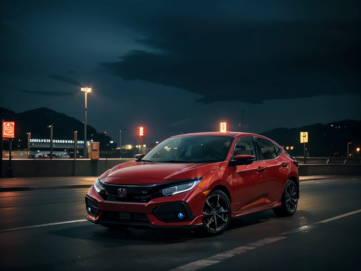 Car, red, Honda civic 2020, parking, night time, no one, neon city, city background, high details, 8k, masterpiece