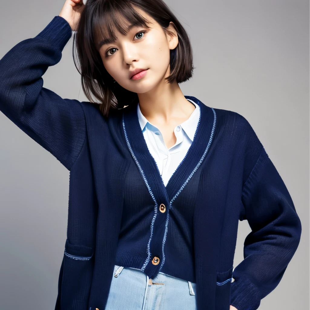 In 8K、ultra high resolution、best quality、muste piece)、((((woman in dark blue cardigan))))、In a light blue shirt、navy blue slacks