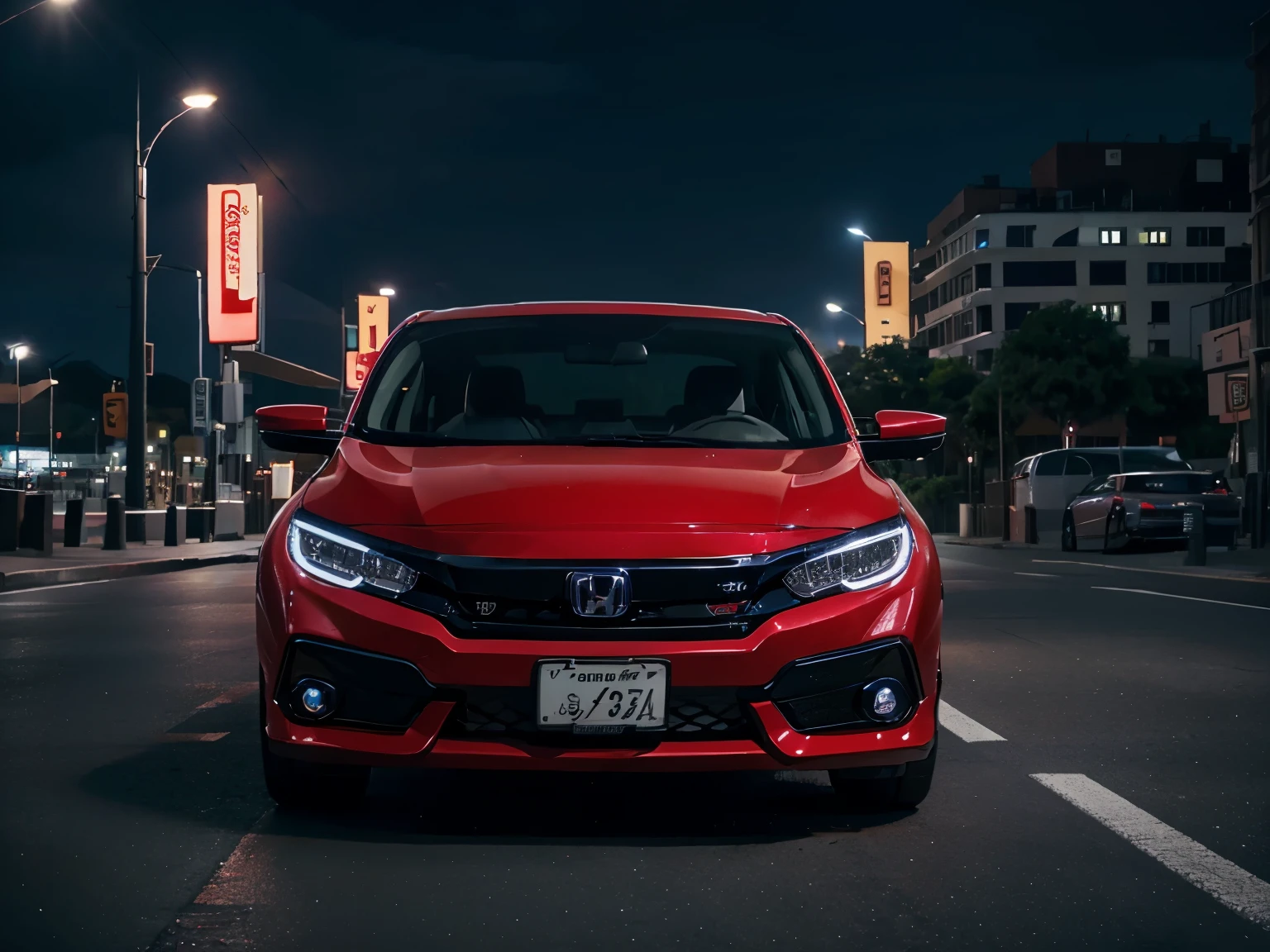 Car, red, Honda civic 2020, parking, night time, no one, neon city, city background, high details, 8k, masterpiece