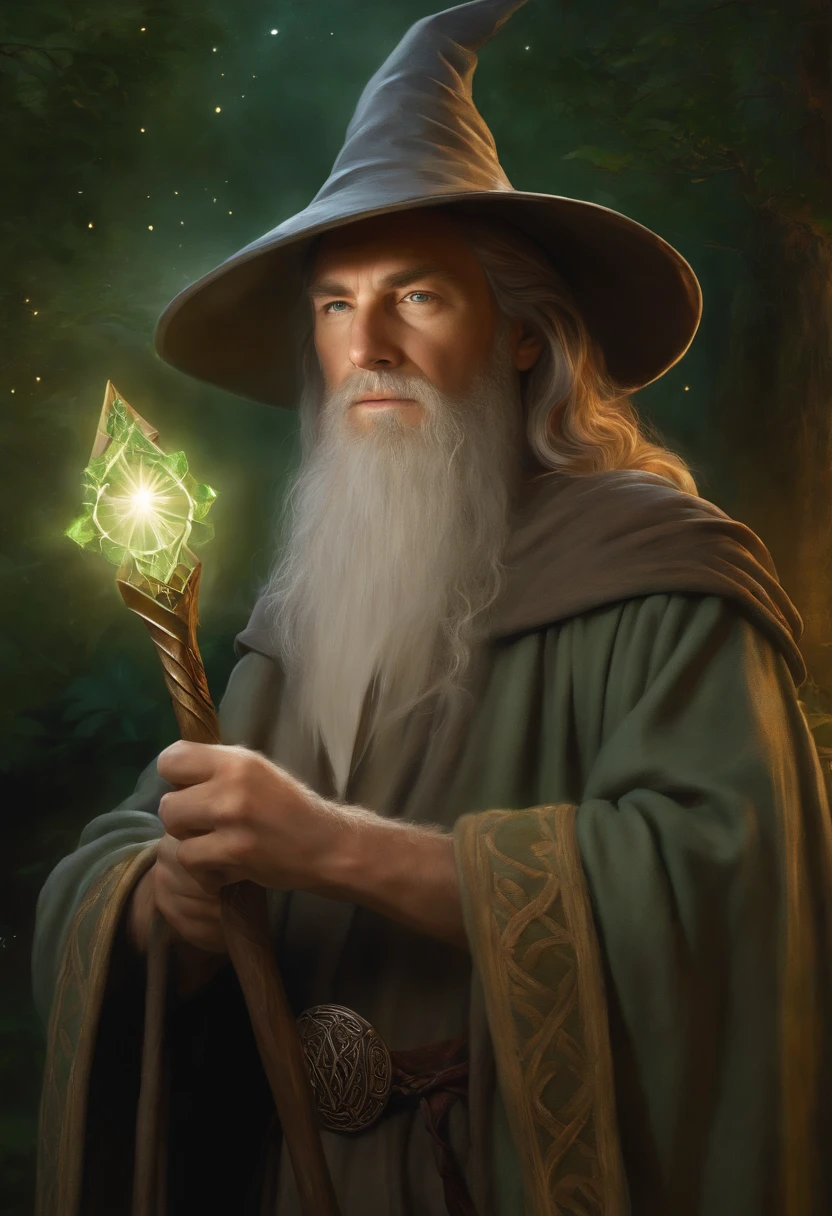 Painting of a young Celtic master wizard, strong and handsome, with staff in hand, pointed hat, well-groomed beard and clear eyes, with a well-built body, ((young Gandalf)), a wizard of incomparable power, with crackling lights and rays of light around you, in the background, a magical Celtic forest.