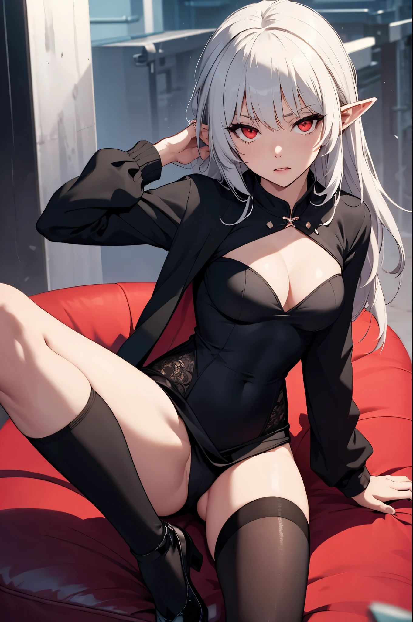 alice,vampire,grey hair, long hair, red eyes, pointy ears, small breasts,black dress, cleavage cutout, long sleeves, thighhighs, thigh strip
