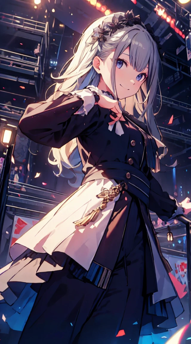 best quality, ultra detailed, absurdres, HDR,1 loli、pose with a gentle smile、stage costume、on stage、theater