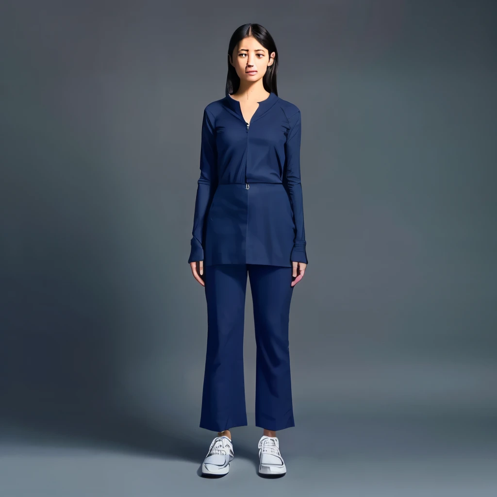 In 8K、ultra high resolution、highest quality、)、((((A woman wearing dark blue slacks))))、(((Upright facing the front)))((((full body image))))Please wear white sneakers on your feet...