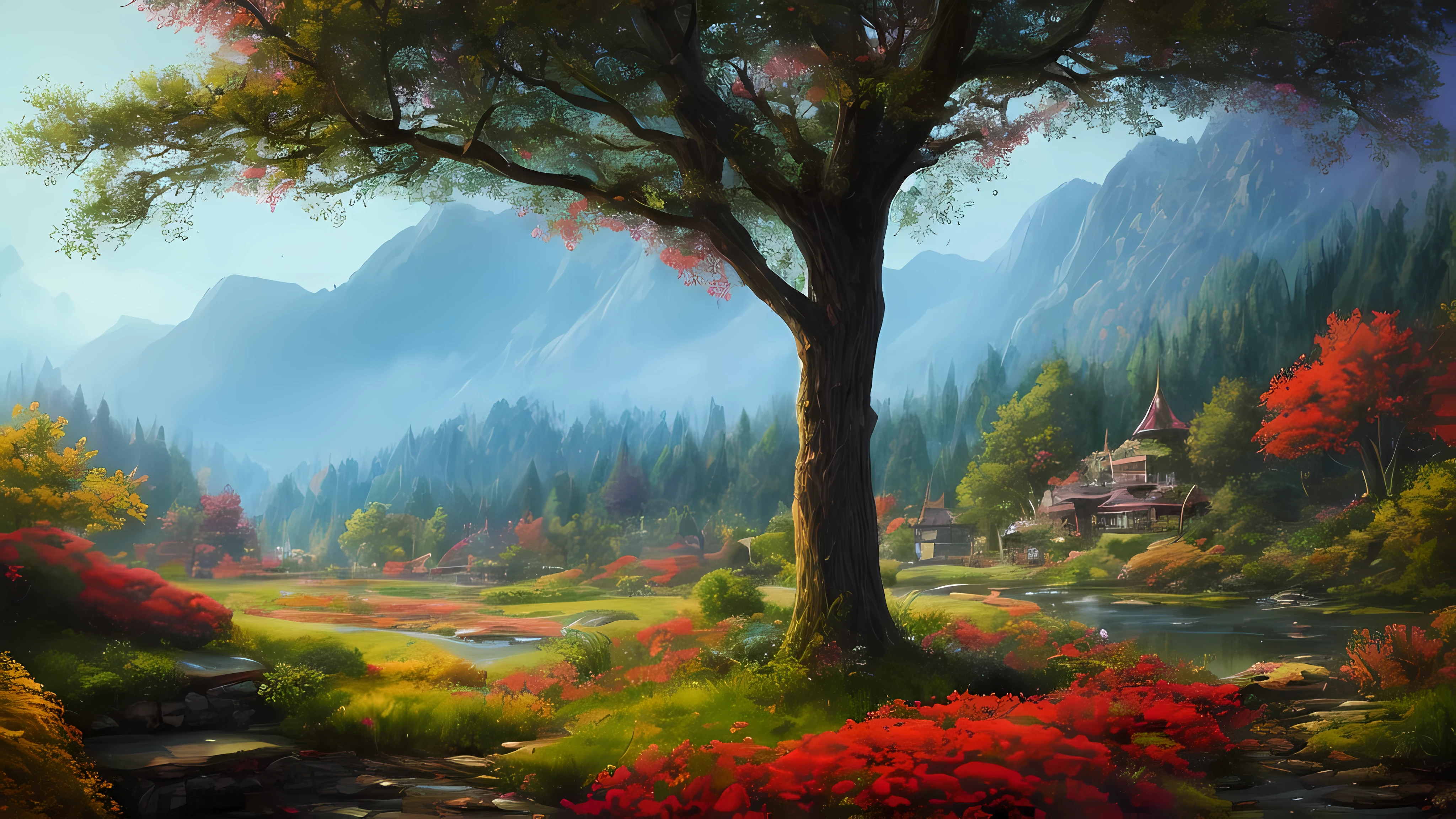 masterpiece, best quality, high quality, Very detailed 8k wallpaper of CG unit, An enchanting and dreamy scene of a fantasy forest, There are tall trees, house, Mountain, Fall, 明亮的蘑菇和隐藏的仙女Mountain谷, Create a sense of mystery and enchantment, art station, digital illustration, complex, trend, pastel colors, painting, Award-winning photography, Bokeh, depth of field, human development report, flower, Color difference, lifelike, Very detailed, trend in artstation, trend in CGsociety, complex, high detail, dramatic, art in the middle of the journey
