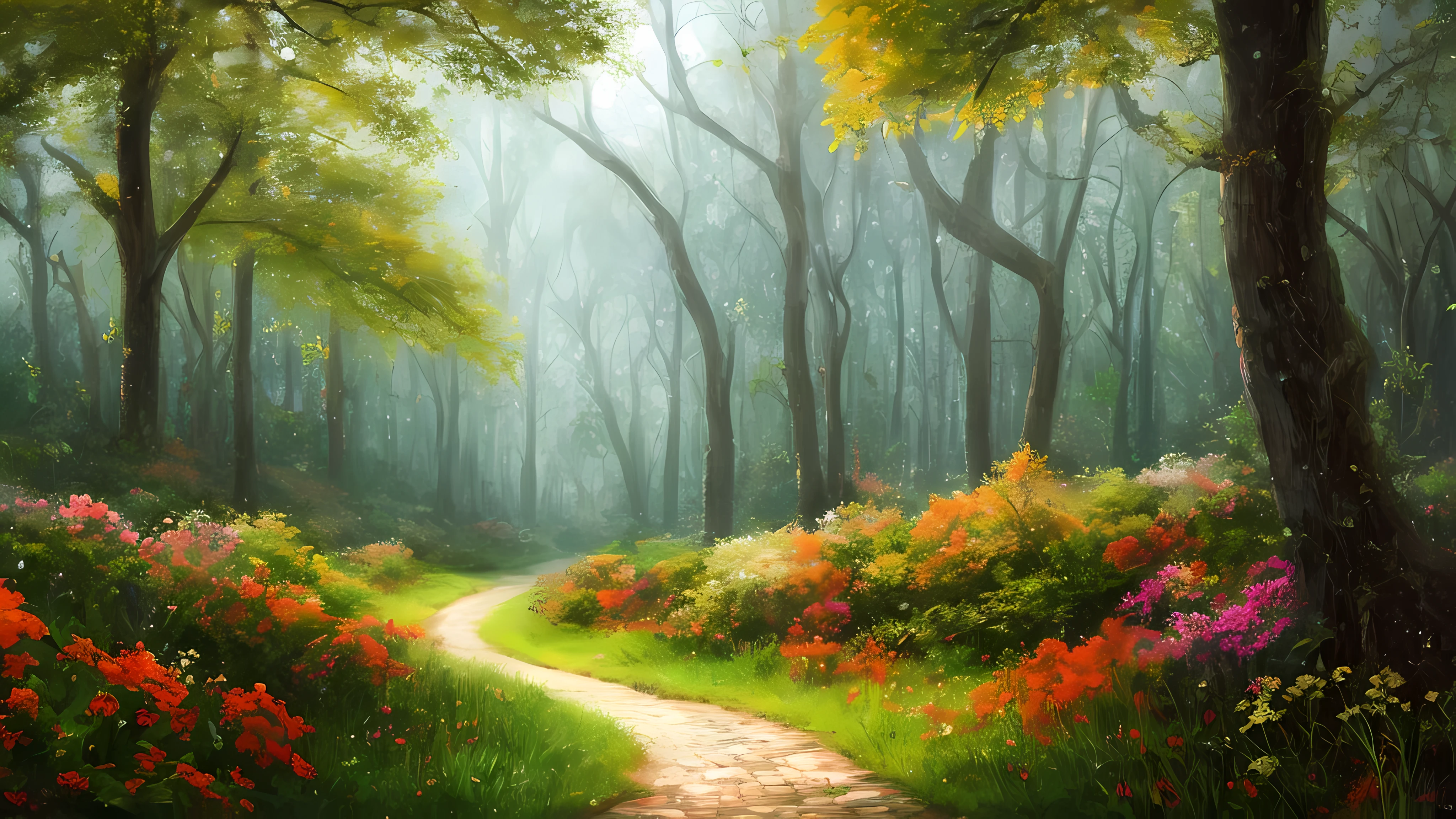 masterpiece, best quality, high quality, Very detailed 8k wallpaper of CG unit, An enchanting and dreamy scene of a fantasy forest, There are tall trees, house, Mountain, Fall, 明亮的蘑菇和隐藏的仙女Mountain谷, Create a sense of mystery and enchantment, art station, digital illustration, complex, trend, pastel colors, painting, Award-winning photography,  Bokeh, depth of field, human development report, flower, Color difference, lifelike, Very detailed, trend in artstation, trend in CGsociety, complex, high detail, dramatic, art in the middle of the journey