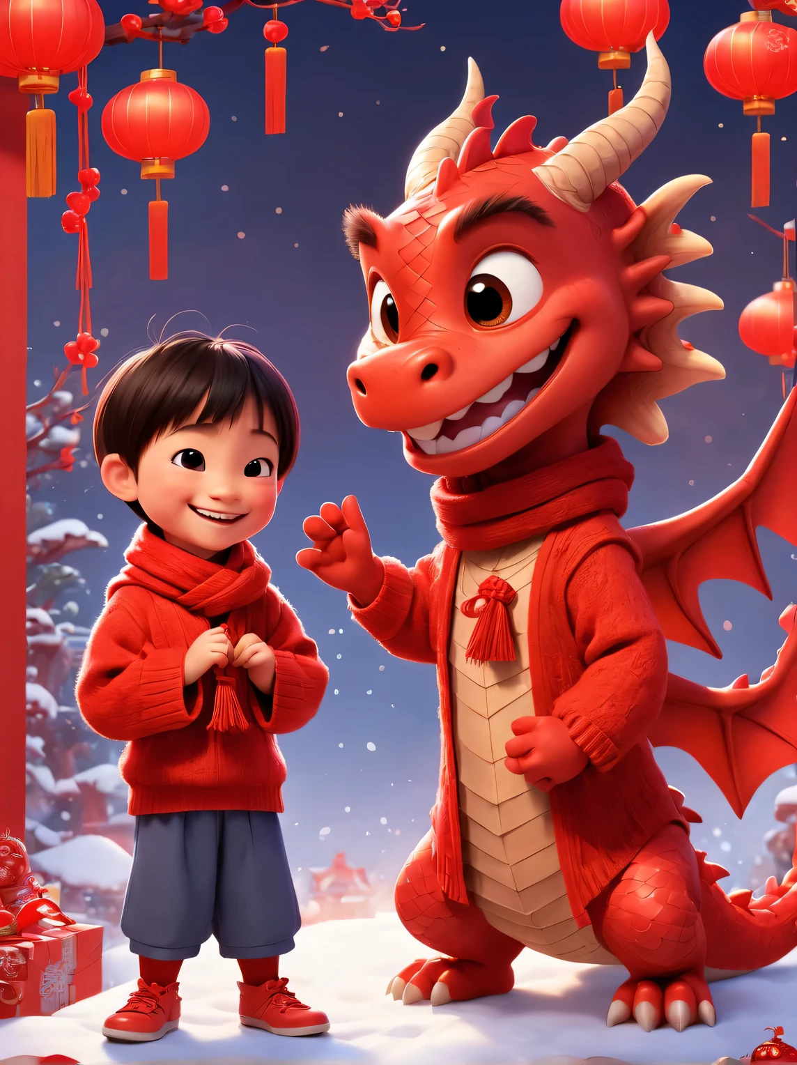 A cute and humanized red dragon with a smile and a Chinese *********** boy, in a Pixar style. Both of them are wearing human red sweaters, tied with a red woolen scarf around their necks, performing the same gesture of bowing and congratulating on the New Year. The bright red background  very festive, with Chinese elements, welcoming the New Year, and a woolen weaving style,