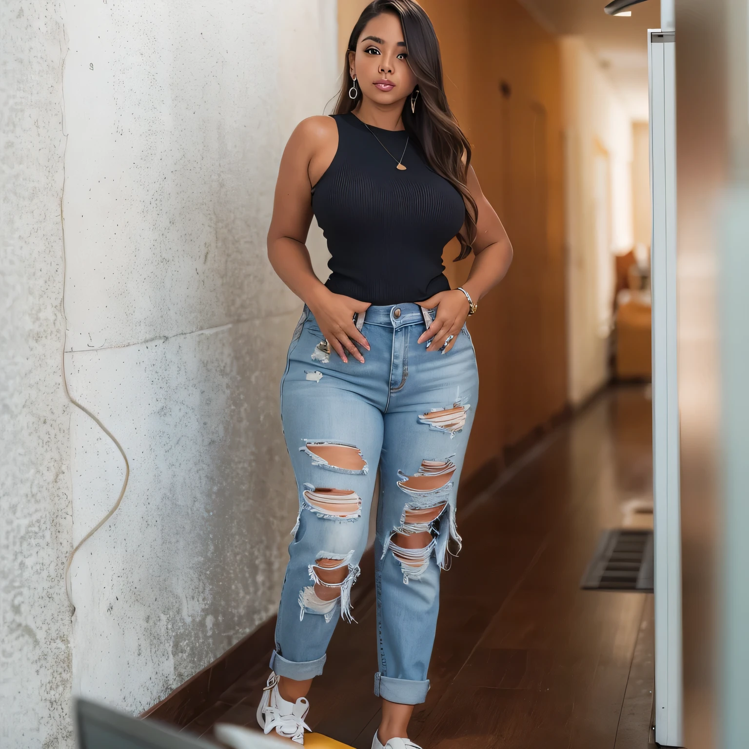 there  a woman standing in a hallway wearing Jeans rasgado, look sexy, corpo todo picture, Jeans rasgado, corpo todo pictures, com camiseta rasgada, pose casual, jeans, foto da roupa, , 18 anos de idade, cintura fina e quadris grossos, corpo todo photogenic shot, corpo todo;, corpo todo shot!!, com uma pose legal
