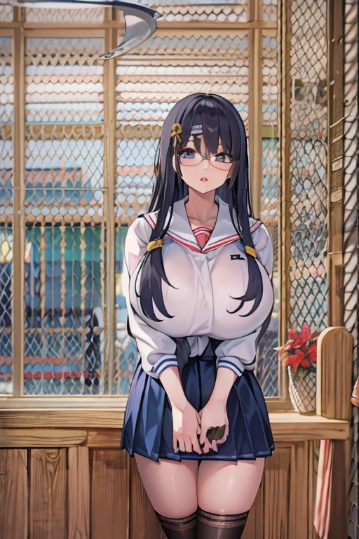 japanese school uniform、Glasses、cowboy Shot,black hair、big breasts、