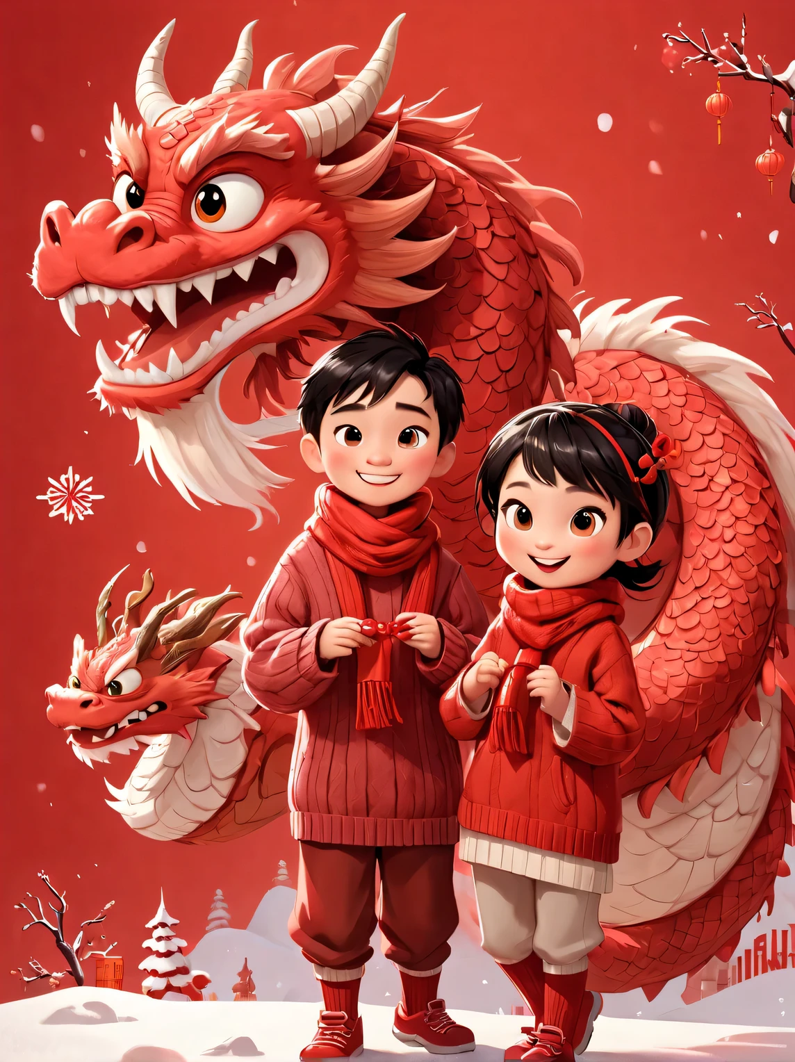 A lovely and humanized red big Chinese dragon and a little Chinese boy and girl, Pixar style, both wearing human red sweaters, wearing a red big wool scarf around their necks, doing the same congratulatory action, big red background, very festive, Chinese elements, greeting the New Year, wool knitting style, super funny, illustration, animation, 32k,  Cuttings,