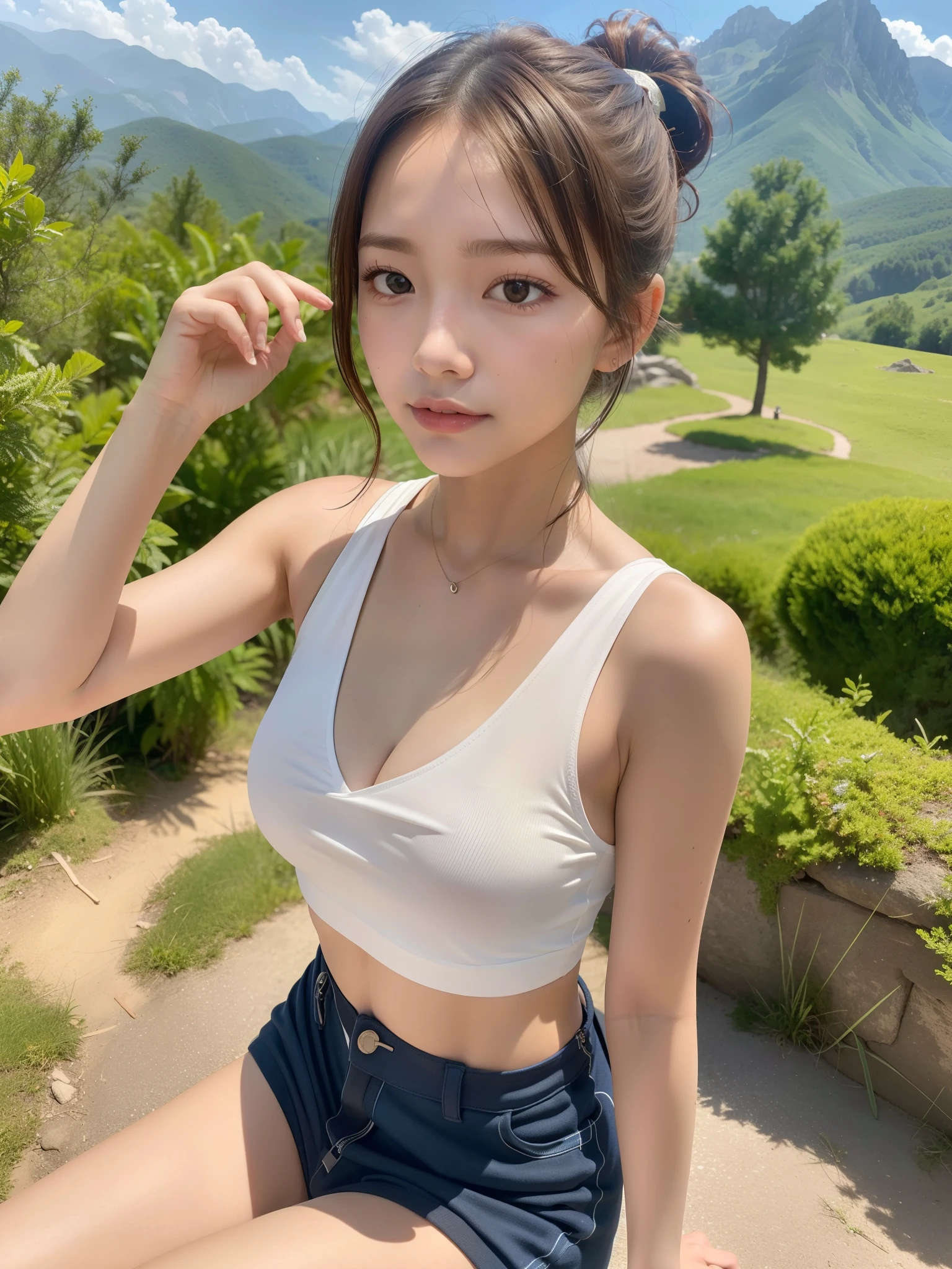 Nature scape photography, (mountain climbing; Carrying a backpack, sitting: 1.1), (full nude, small breasts, flat chest, thigh: 1.1), (short messy hair, High ponytail),
((of the highest quality, 8K, masutepiece: 1.3, Raw photo)), Sharp Focus: 1.2, (1 AESPA Girl :1.2), (SOLO: 1.22), (Realistic, Photorealistic: 1.37), (Face Focus: 1.1), Cute face, hyperdetailed face