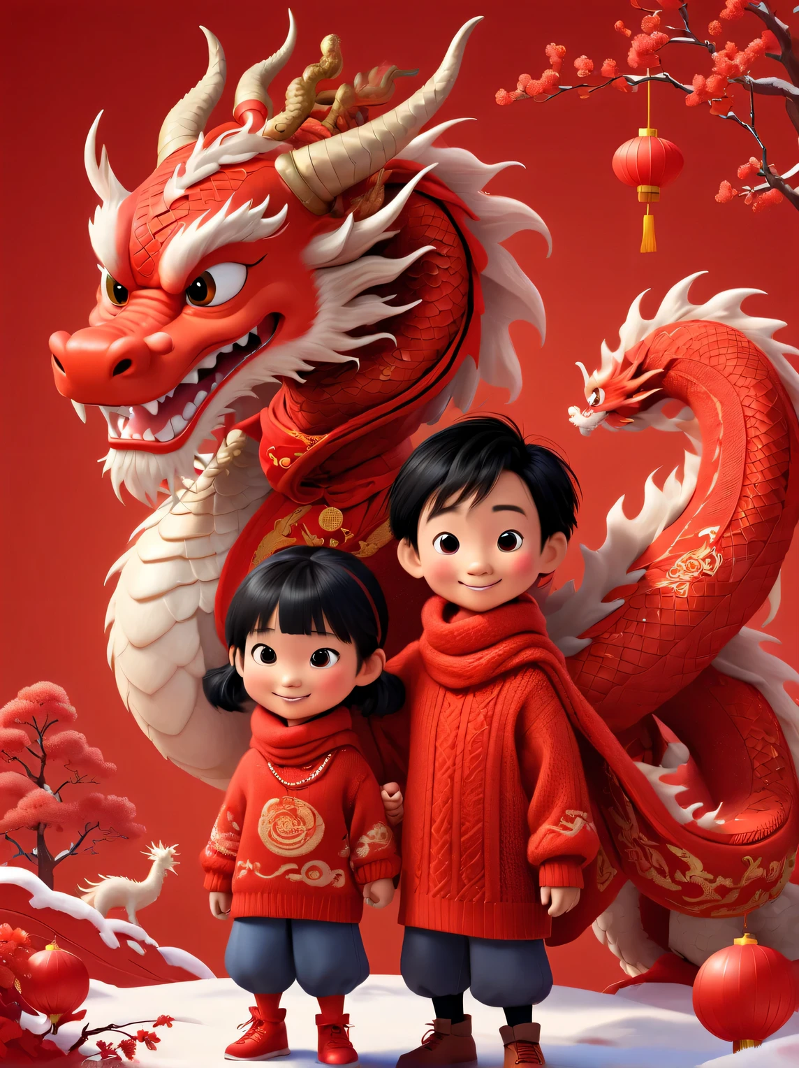 A lovely and humanized red big Chinese dragon and a little Chinese boy and girl, Pixar style, both wearing human red sweaters, wearing a red big wool scarf around their necks, doing the same congratulatory action, big red background, very festive, Chinese elements, greeting the New Year, wool knitting style, super funny, illustration, animation, 32k,  Cuttings,