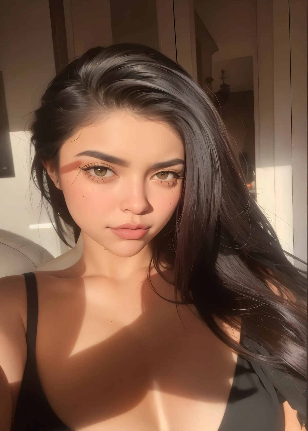 Un primer plano de una mujer con cabello largo y rojo posando para una foto, violeta myers, cerveza madison, cara sexy, pelo rojo y ojos grandes, 18 years, Kylie Jenner, hermosa cara latina, modelo de instagram, cara perfecta, ella tiene la piel color oliva, soft devil queen cerveza madison, cerveza madison girl portrait, Kailee Mandel, sexy look at the camera