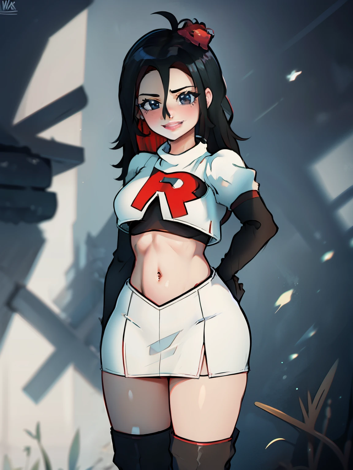 bright lips, team rocket uniform, red letter R, white skirt, white crop top, black thigh high boots, black elbow gloves,smile, looking at viewer, cowboy shot, salute