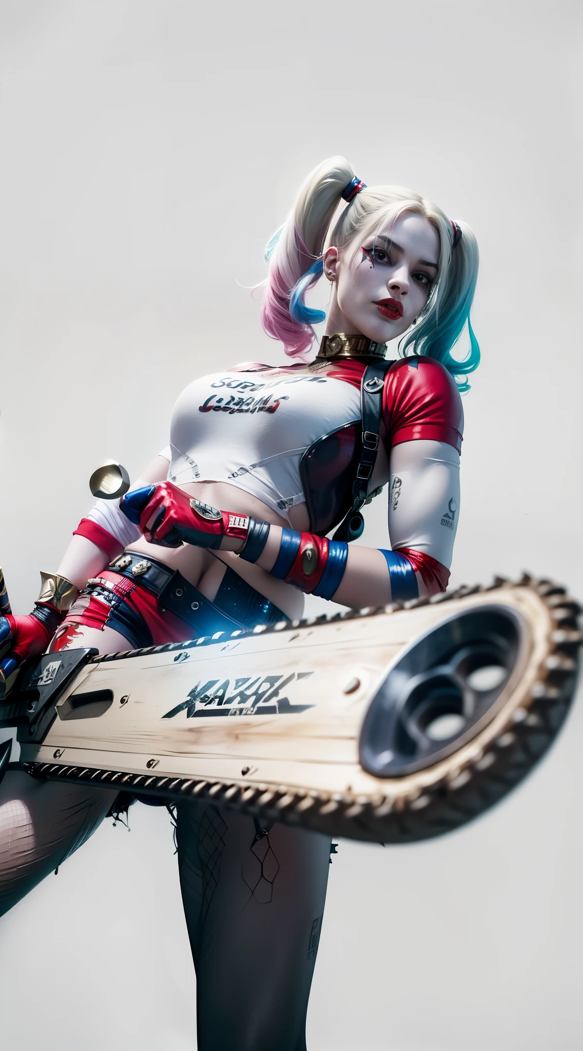 Harley Quinn,one in costume、Close-up of woman holding chainsaw knife, chainsaw weapon，Chainsaw Horror，Concept art by Juan O&#39;Gorman, CG trends, under art, 《king of warriorigure, fighting game characters, Headquarters rendering, As a Tekken character, Kami, Harley Quinn Station, chun - li, Chun-li, chun li, Charming Jill Valentine， (best quality, 4K, 8K, high resolution, masterpiece:1.2),Super detailed, (actual, realistically, realistically:1.37), concept artist style, (realistically:1.2), (endless reality), (masterpiece:1.2), (best quality), (Ultra-detailed), (8K, 4K, complicated),, alone,