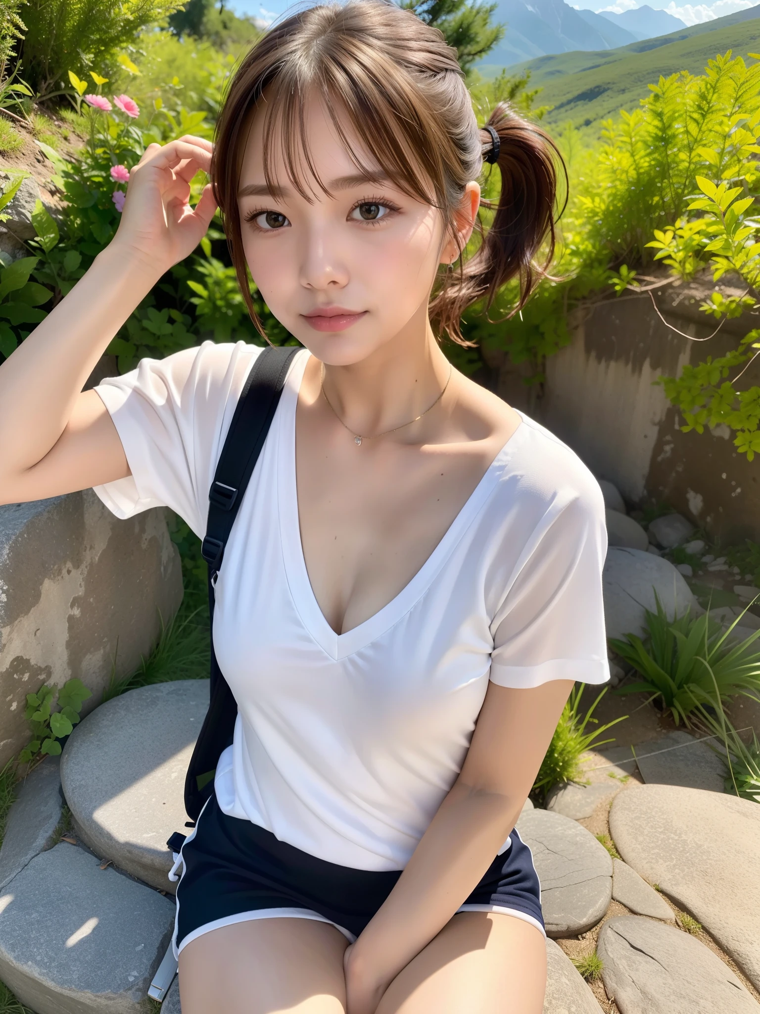 Nature scape photography, (mountain climbing; Carrying a backpack, sitting: 1.1), nude, (small breasts, flat chest, thigh: 1.1), (short messy hair, High ponytail),
((of the highest quality, 8K, masutepiece: 1.3, Raw photo)), Sharp Focus: 1.2, (1 AESPA Girl :1.2), (SOLO: 1.22), (Realistic, Photorealistic: 1.37), (Face Focus: 1.1), Cute face, hyperdetailed face