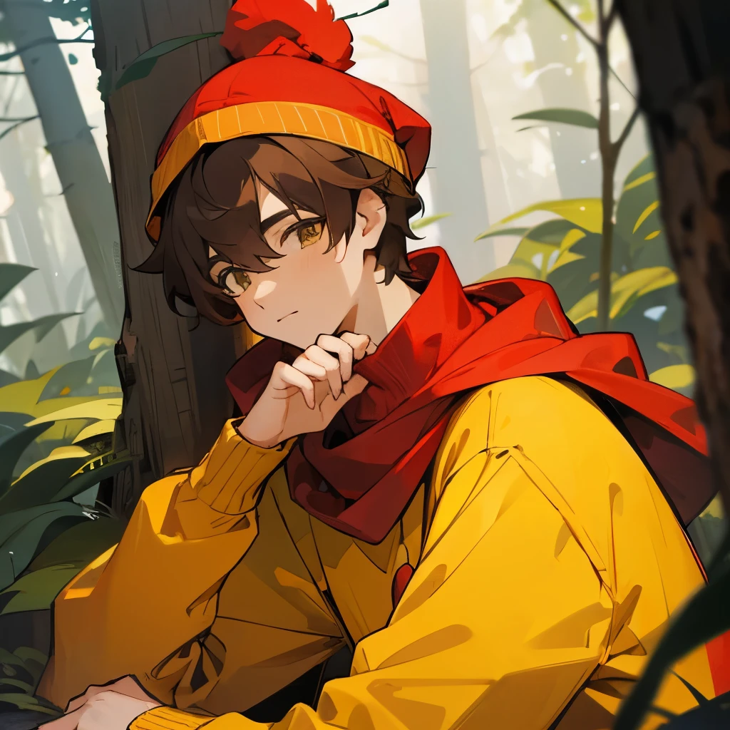 Fluffy brown-haired boy in a red hat and a yellow sweater in the forest