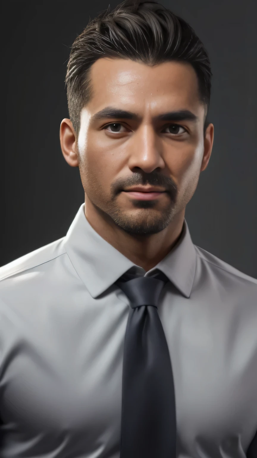 (the Extremely Detailed CG Unity 8K Wallpapers,masutepiece, Best Quality, Ultra-detailed), Gray background, 35-year-old tan male, 35 year old male Chef, messy hairstyle, A dark-haired, strong facial contours, thin eyebrows, Sharp eyes, high and thin nose, Physical muscular, chef jacket, Strong impression