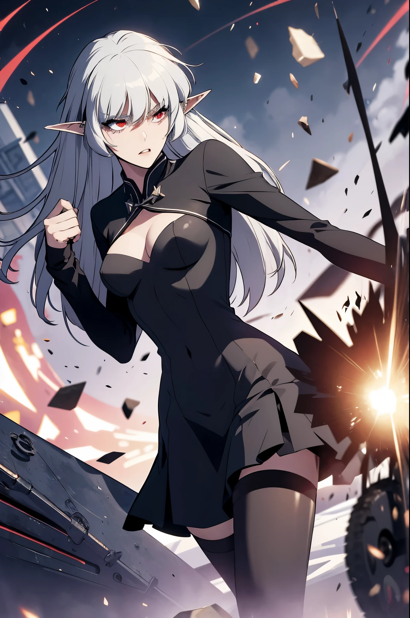 alice,vampire,grey hair, long hair, red eyes, pointy ears, small breasts,black dress, cleavage cutout, long sleeves, thighhighs, thigh strip
