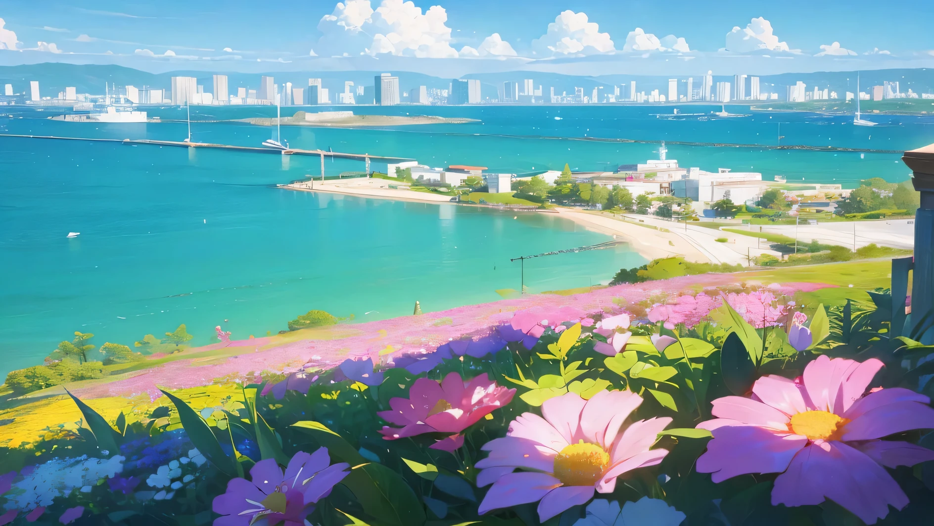 beautiful sea with the sky and the sun in the clouds, a lot of flowers in the summer city in the background