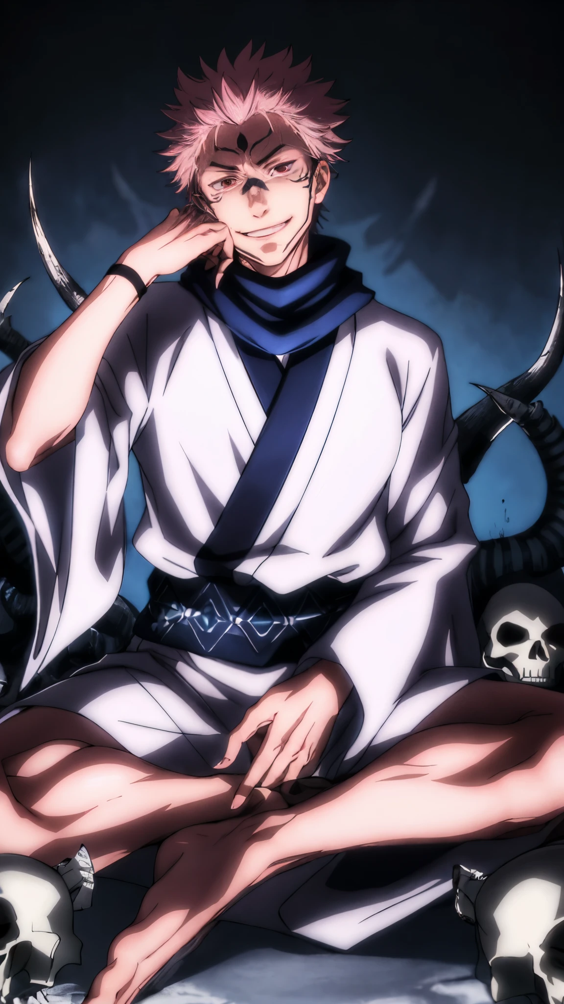 masterpiece,high quality,alone,
Ryoumen Sukuna,1 man,
blue scarf,kimono,white kimono,wide sleeve,long sleeve,
heart,
or,Zuri,
face with shadow,with an evil smile,
animal skull,
skull,sitting,
put your hand on your face,shining eyes,