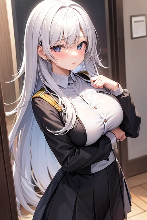 shoujo-style, masterpiece, best quality, 1girl, (solo:1.1), huge breasts, long hair, white hair, purple eyes, grey eyes, military uniform, black jacket, ascot, black shirt, collared shirt, black gloves, long sleeves, fingerless gloves, belt, black pants, embarrassed, Narrow shoulders, sweat, heavy breathing, steaming body, alley, outdoor, (front view:1.2), (shirt pull:1.1), (open shirt:1.1), looking away, (nude:1.1)