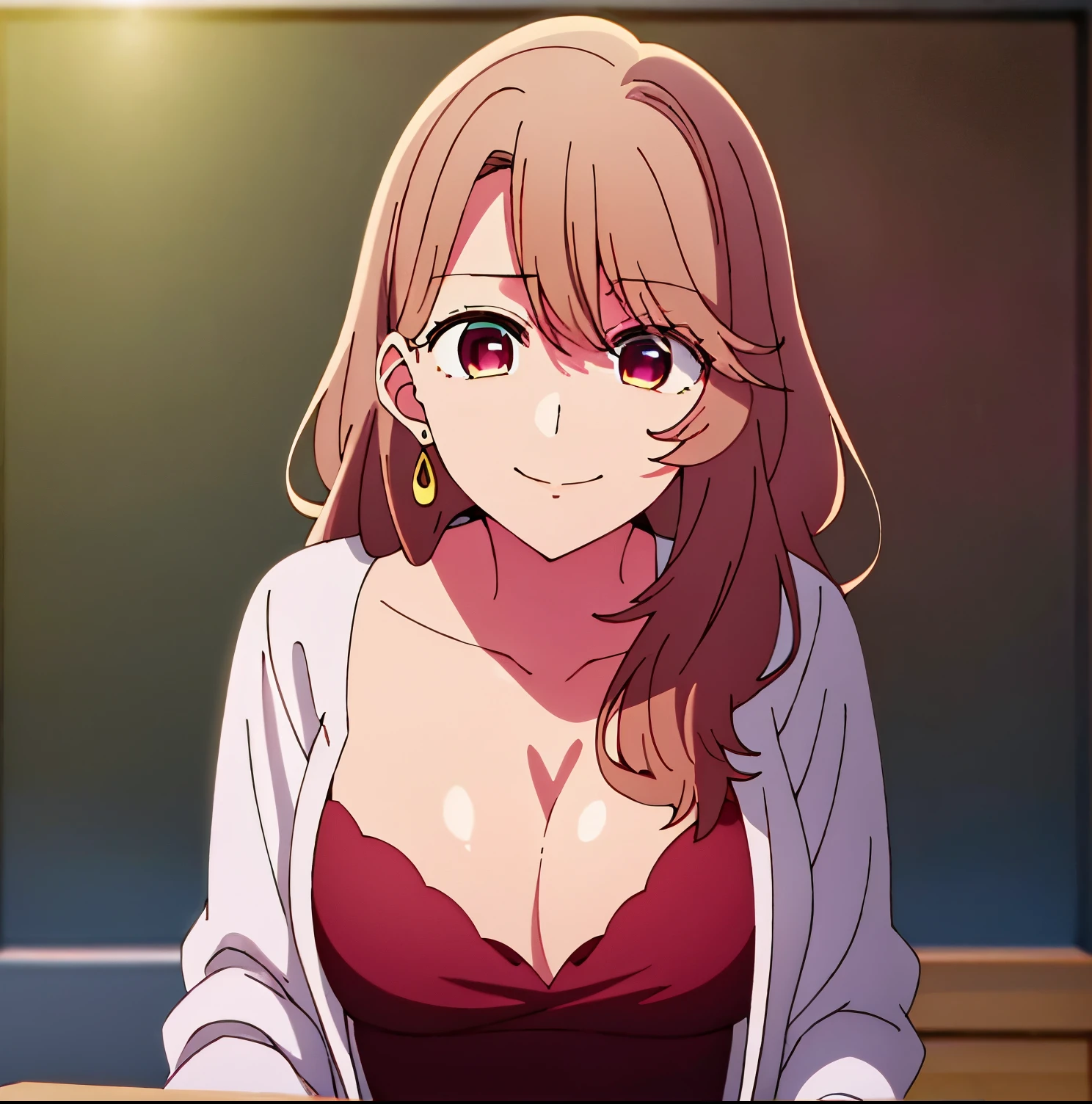 (White_jacket),(red_dress),(Deep_cleavage), long_sleeves,jewelry,collarbone, earrings,open_clothes, pink eyes,light_brown hair,eyebrows_visible_through_hair,bangs 1 girl, alone,miyako saitou,20yo,Young female,Beautiful Finger,Beautiful long legs,Beautiful body,Beautiful Nose,Beautiful character design, perfect eyes, perfect face,expressive eyes,perfect balance, looking at viewer,(Focus on her face),closed mouth, (innocent_big_eyes:1.0),Light_Smile, official art,extremely detailed CG unity 8k wallpaper, perfect lighting,Colorful, Bright_Front_face_Lighting,shiny skin,smile, (masterpiece:1.0),(best_quality:1.0), ultra high res,4K,ultra-detailed, 8K, HDR, highres, absurdres:1.2, Kodak portra 400, film grain, blurry background, bokeh:1.2, lens flare, (vibrant_color:1.2),professional photograph, (Beautiful,large_Breasts:1.4), (beautiful_face:1.5),(narrow_waist),(good anatomy),(good hands) 
