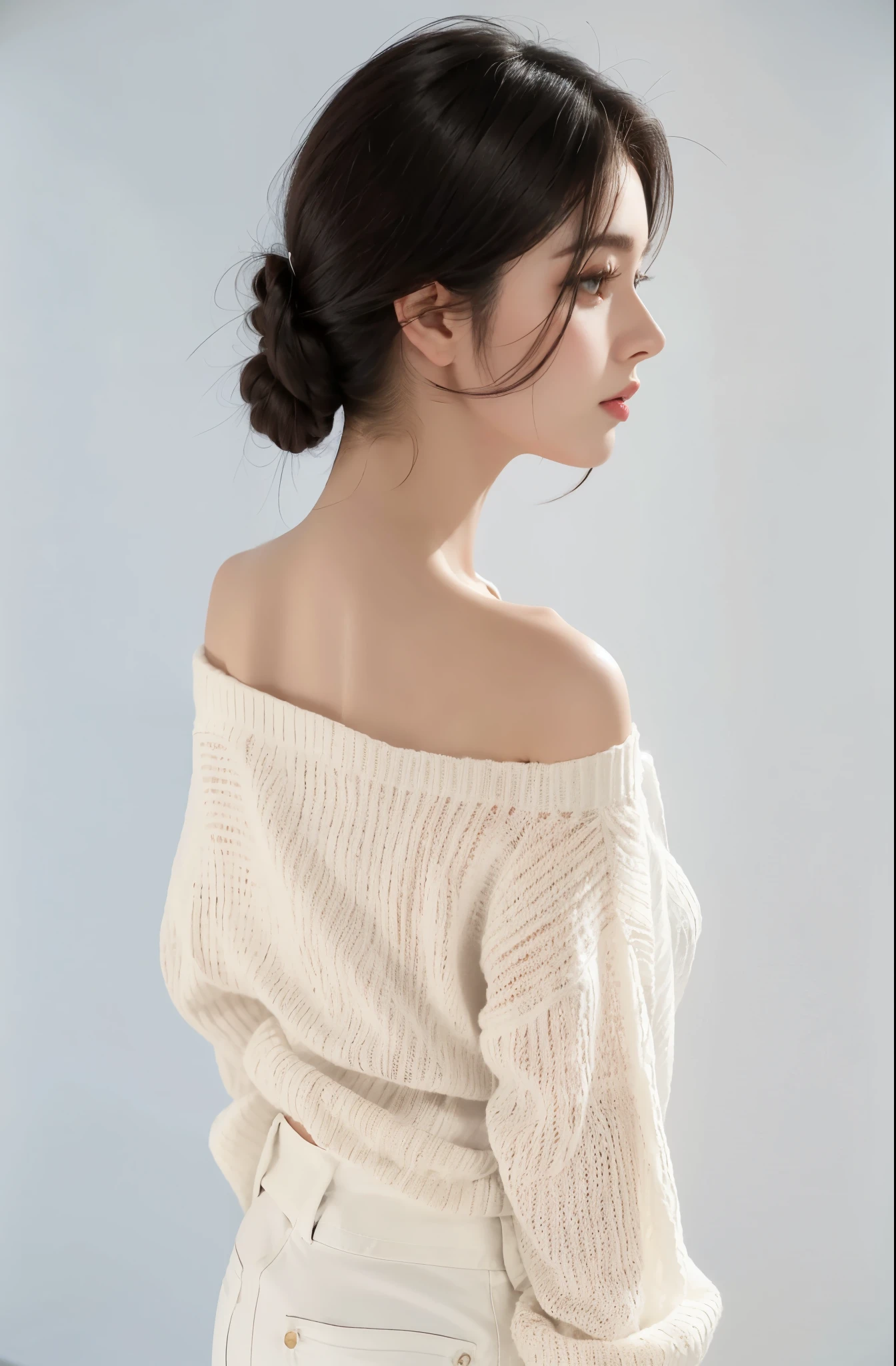 araffe woman in off shoulder sweater and white jeans pants, puff sleeves, off the shoulder shirt, wearing a blouse, wearing a cute top, cotton, hair floating covering chest, shoulder, look, sheer, only, in summer, white trendy clothes, white blouse, white top, large view, beautiful aesthetic, flowy