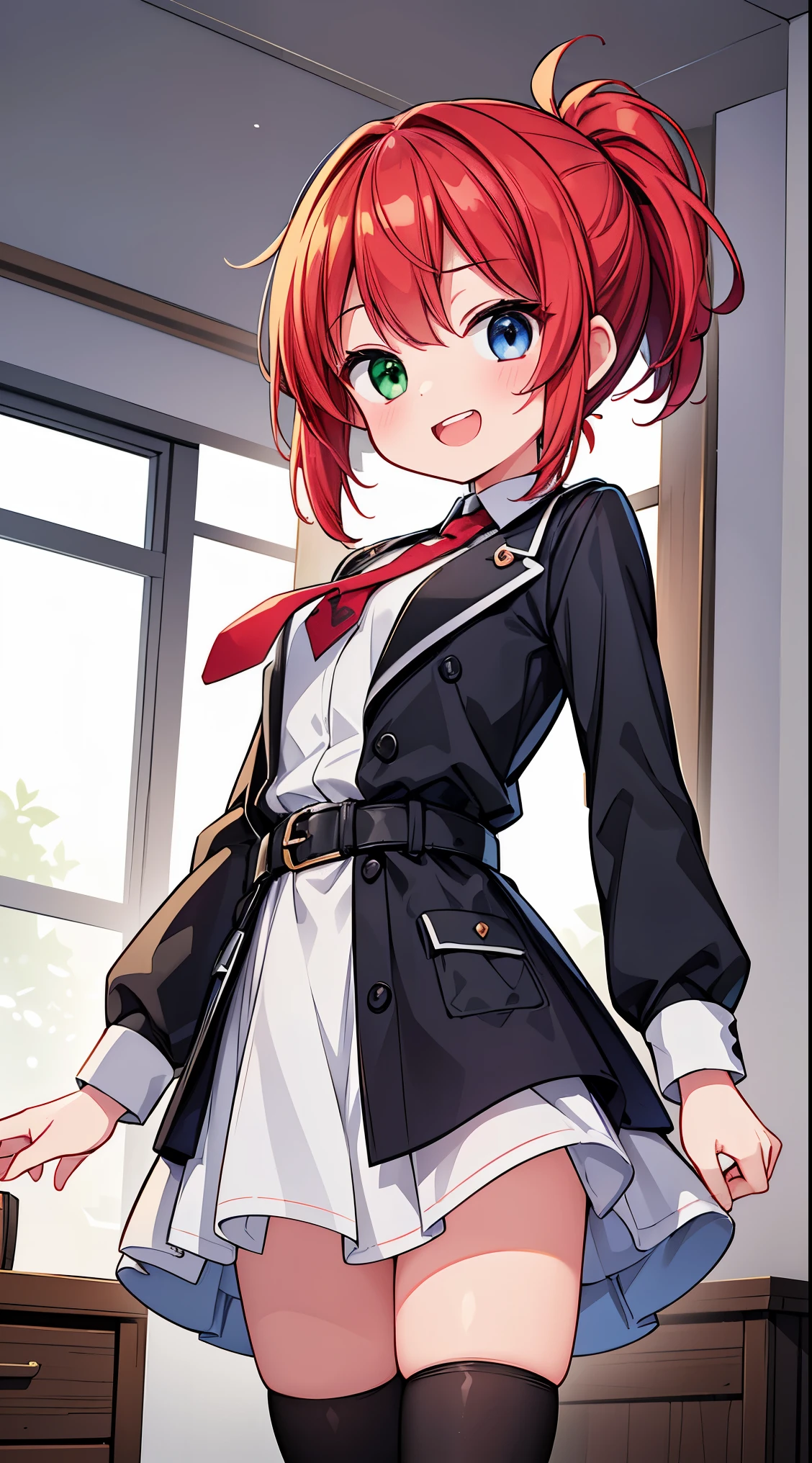 ultra-detailed, high resolution,(incredibly absurdness) ,extremely detailed CG unity 8k wallpaper, ((masterpiece)), ((top-quality)), (beautiful illustration), ((an extremely delicate and beautiful)),
BREAK, 1 beautiful girl, (kawaii:1.5), (Chibi: 0.8), (kawaii: 1.5), (Lori: 0.5), (17 years old girl), BREAK(Red hair, short-hair,Two bunsThe hair:1.4),(:D,grin:1.3),( Heterochromia,The blue eye,The green eye, Eye Highlights,The first hyperfine stars:1.45) star the eye silhouette thick eyelashes, naked boobs double eyelids:1.2),(de pele branca),BREAK,Clear skin,Beautiful skin, ,(top quality faces),(The eye shines with the highest quality),(best lol faces,:D:1.45),
BREAK,arms below breasts,
BREAK, necktie, leather jacket, plaid skirt, belt, boots, black legwear,
BREAK,
standing, (messy room:1.2), white apron, ponytail, (from above:0.8), brown hair, (troubled face:1.2)
BREAK,(Blurry background:1.3),(absurderes, hight resolution, Super Detail Art),cel shading,Clear Color, Lonely optical effect, Beautiful pictures, Bright glow, mystic atmosphere,(Close-up of girl:1.1), Mystical light particle effect,manga influence, clean line drawings,