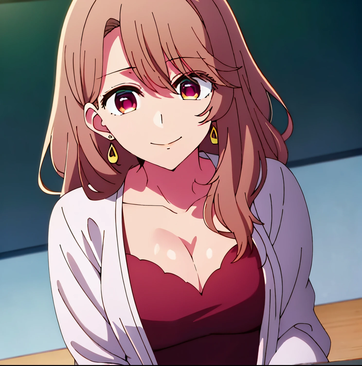 (White_jacket),(red_dress),(Deep_cleavage), long_sleeves,jewelry,collarbone, earrings,open_clothes, pink eyes,light_brown hair,eyebrows_visible_through_hair,bangs 1 girl, alone,miyako saitou,20yo,Young female,Beautiful Finger,Beautiful long legs,Beautiful body,Beautiful Nose,Beautiful character design, perfect eyes, perfect face,expressive eyes,perfect balance, looking at viewer,(Focus on her face),closed mouth, (innocent_big_eyes:1.0),Light_Smile, official art,extremely detailed CG unity 8k wallpaper, perfect lighting,Colorful, Bright_Front_face_Lighting,shiny skin,smile, (masterpiece:1.0),(best_quality:1.0), ultra high res,4K,ultra-detailed, 8K, HDR, highres, absurdres:1.2, Kodak portra 400, film grain, blurry background, bokeh:1.2, lens flare, (vibrant_color:1.2),professional photograph, (Beautiful,large_Breasts:1.4), (beautiful_face:1.5),(narrow_waist),(good anatomy),(good hands)