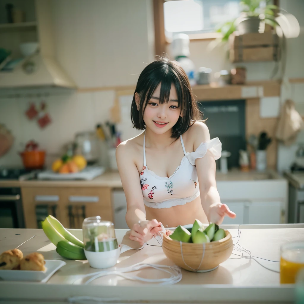 masterpiece、highest quality、super realistic、Ultra high definition、8k、Raw photo、textured skin、One Nogizaka girl、(、medium bob hair、bangs、black hair、floating hair、slim、delicate body、skinny、A sloppy smile、embarrassing、blush:1.2)、(Top and bottom underwear with white embroidery、string bikini:1.5)、standing in a kitchen、Eating cucumbers、(fluorescent light、dim、Backlight、flare、film grain、cowboy shot、profile、It's blurry、super long shot、ultra wide angle、Sigma 85mm F/1.4)、finder