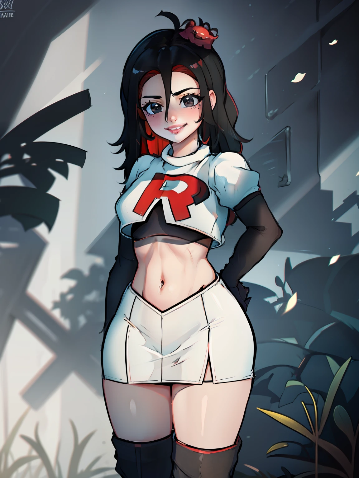 bright lips, team rocket uniform, red letter R, white skirt, white crop top, black thigh high boots, black elbow gloves,smile, looking at viewer, cowboy shot, salute