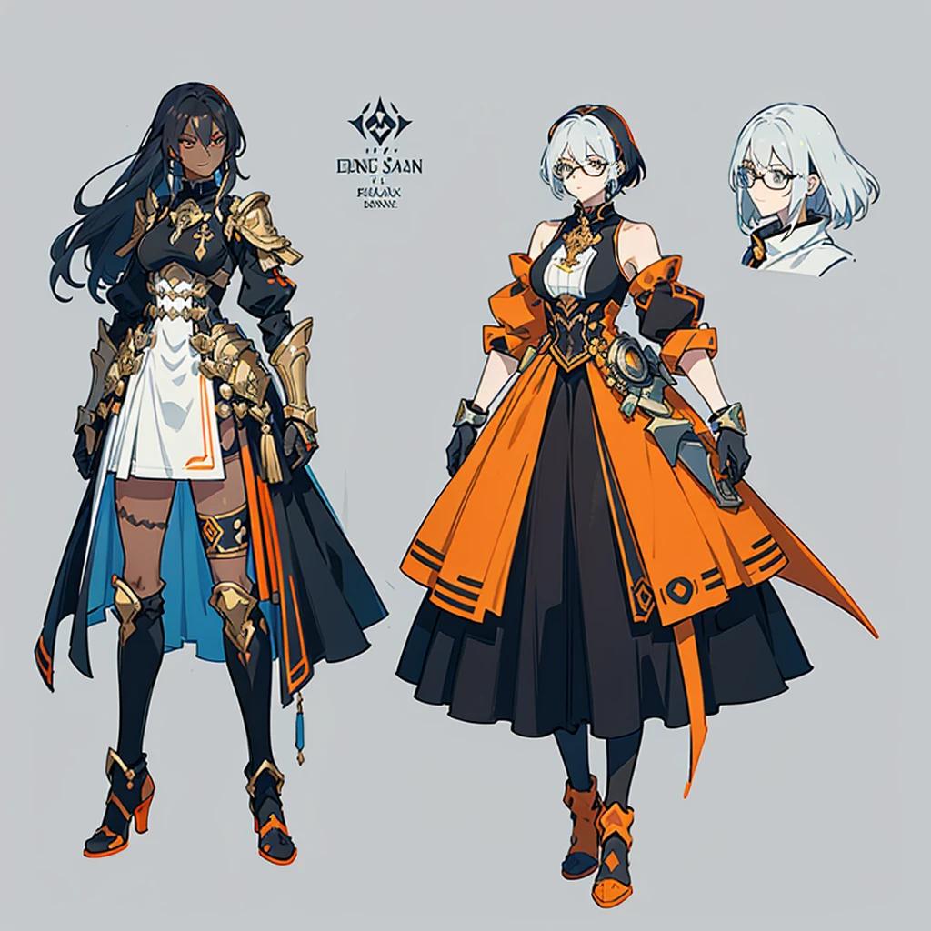 (((concept Art))), (((One character))), Female, (((Dark Skin)))), Black Hair with Ponytail, Light Blue Eyes, Round Glasses with a Slightly Dark Lens with this Lens being Orange, and the Light Blue Color frame, ((Black Metallic Gauntlets and Greaves with Orange and Silver Highlights)), (((The Clothes Have a Mix of Modern and Tribal))), (((The Clothes Have a Mix of Modern and Tribal))), having mostly the color black, but having parts in orange, shoulders exposed, at the hip a shorts that extend to half of the thigh of black color.