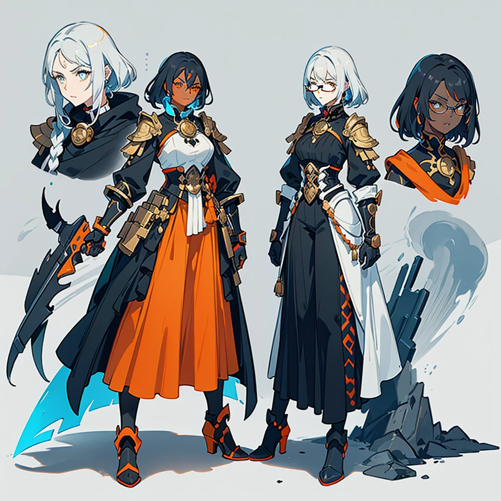 (((concept Art))), (((One character))), Female, (((Dark Skin)))), Black Hair with Ponytail, Light Blue Eyes, Round Glasses with a Slightly Dark Lens with this Lens being Orange, and the Light Blue Color frame, ((Black Metallic Gauntlets and Greaves with Orange and Silver Highlights)), (((The Clothes Have a Mix of Modern and Tribal))), (((The Clothes Have a Mix of Modern and Tribal))), having mostly the color black, but having parts in orange, shoulders exposed, at the hip a shorts that extend to half of the thigh of black color.