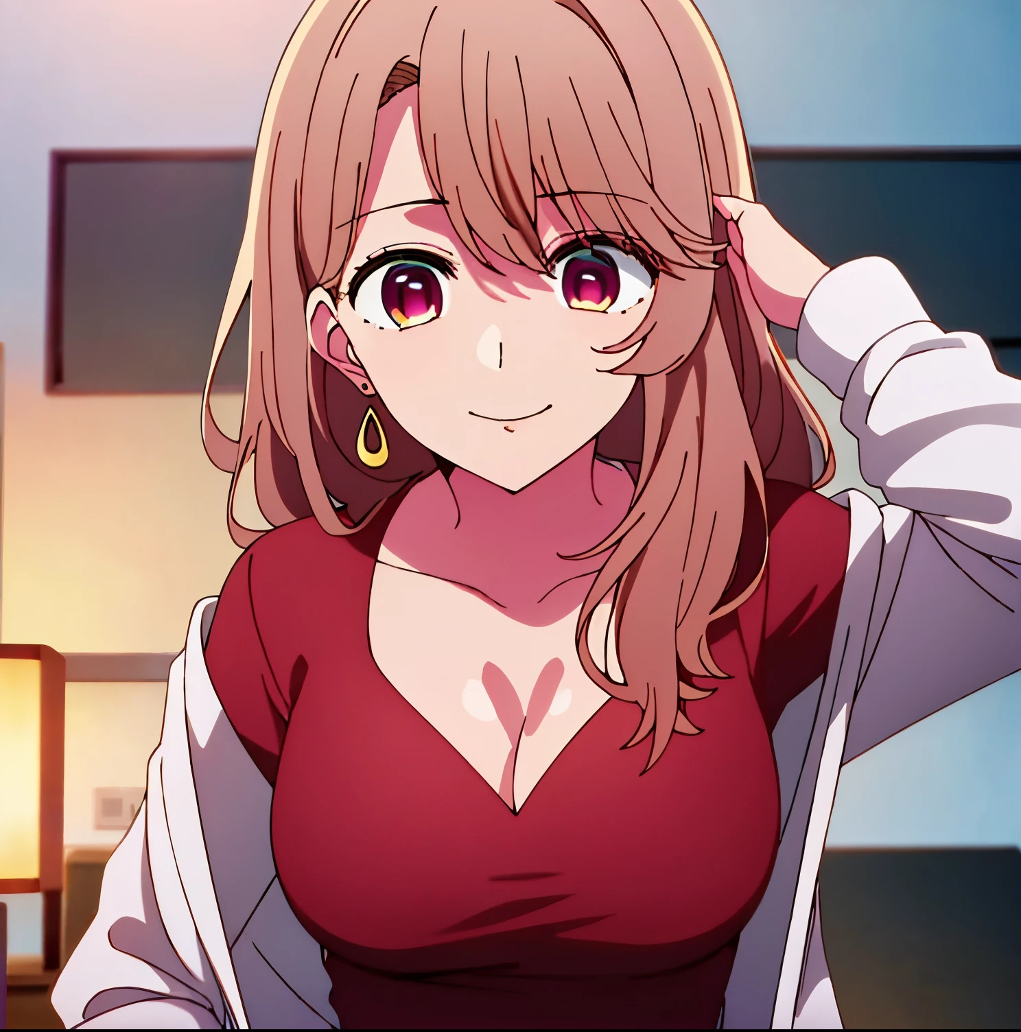 (White_jacket),(red_dress),(Deep_cleavage), long_sleeves,jewelry,collarbone, earrings,open_clothes, pink eyes,light_brown hair,eyebrows_visible_through_hair,bangs 1 girl, alone,miyako saitou,20yo,Young female,Beautiful Finger,Beautiful long legs,Beautiful body,Beautiful Nose,Beautiful character design, perfect eyes, perfect face,expressive eyes,perfect balance, looking at viewer,(Focus on her face),closed mouth, (innocent_big_eyes:1.0),Light_Smile, official art,extremely detailed CG unity 8k wallpaper, perfect lighting,Colorful, Bright_Front_face_Lighting,shiny skin,smile, (masterpiece:1.0),(best_quality:1.0), ultra high res,4K,ultra-detailed, 8K, HDR, highres, absurdres:1.2, Kodak portra 400, film grain, blurry background, bokeh:1.2, lens flare, (vibrant_color:1.2),professional photograph, (Beautiful,large_Breasts:1.4), (beautiful_face:1.5),(narrow_waist),(good anatomy),(good hands) 
