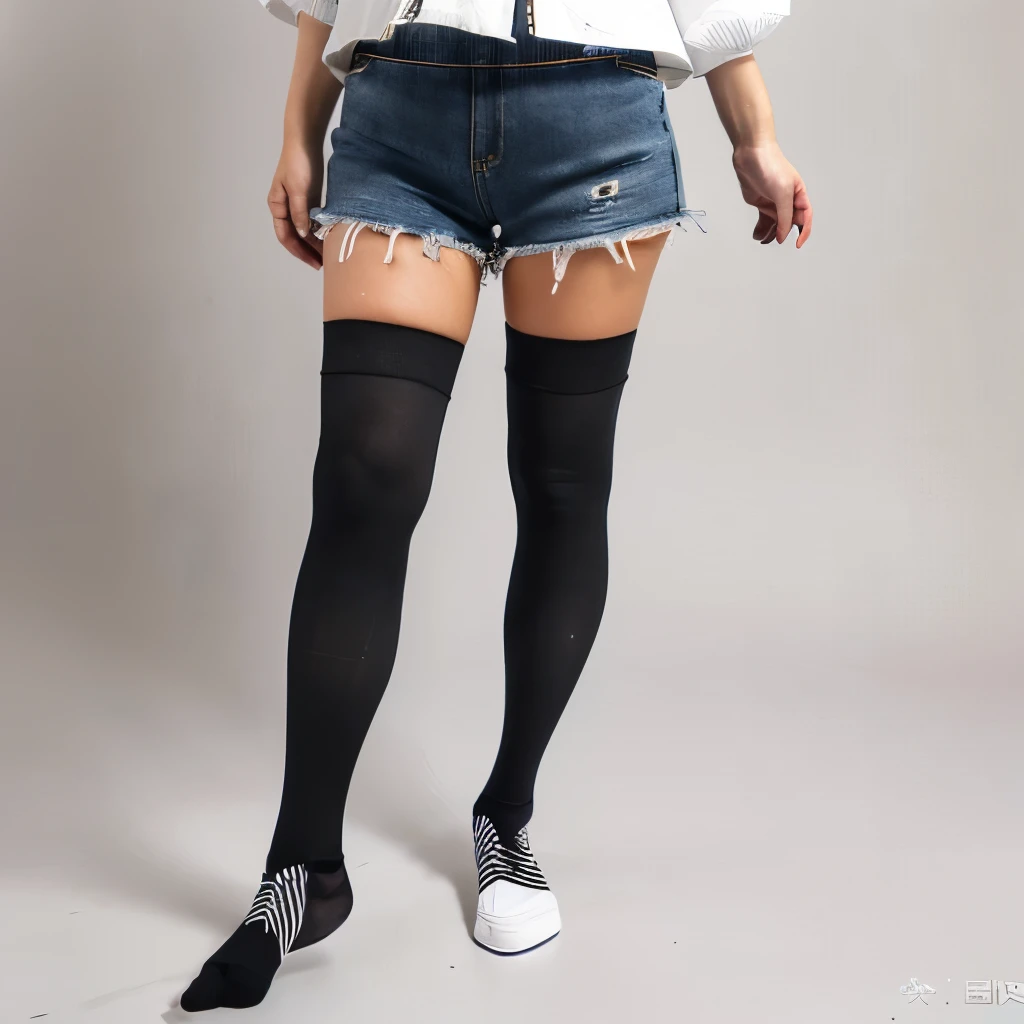 In 8K、ultra high resolution、highest quality、debris flies)、水色denim shorts、((((A woman stands upright wearing tight black thigh-high socks))))、(((Please show me your whole body from head to toe)))、スニーカー