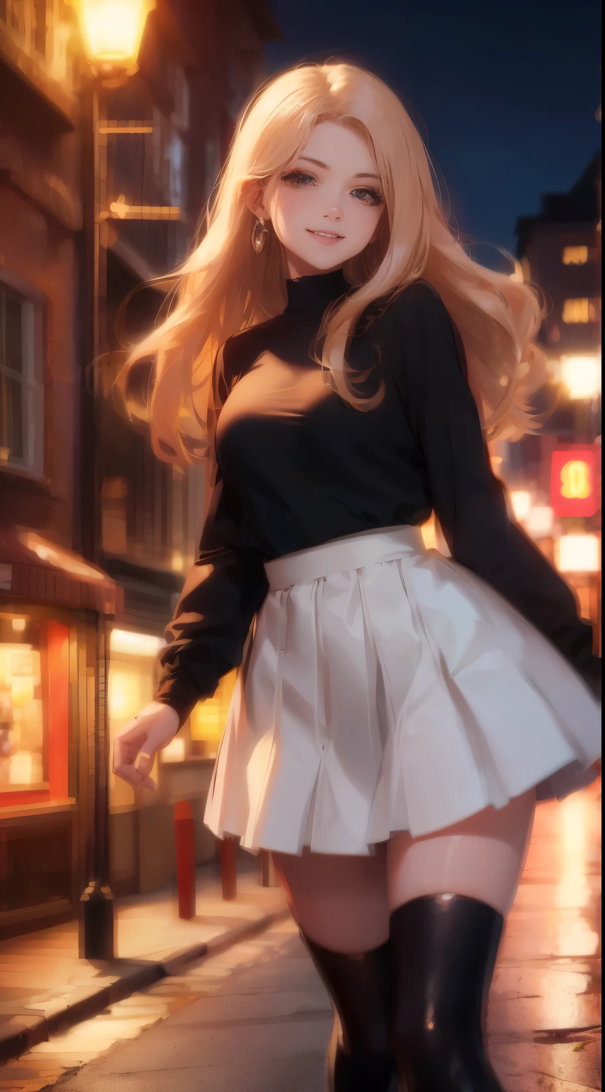8k, melhor qualidade, high resolution, realista, pessoa real, red light district at night, sorriso, jovem linda garota solteira, grande, decote, metallic pleated skirt, May, botinhas com salto, (wearing lots of chic accessories