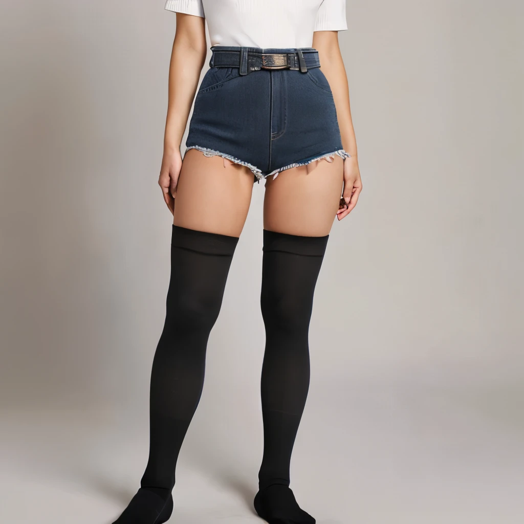 In 8K、ultra high resolution、highest quality、debris flies)、水色denim shorts、((((A woman stands upright wearing tight black thigh-high socks))))、(((Please show me your whole body from head to toe)))、スニーカー