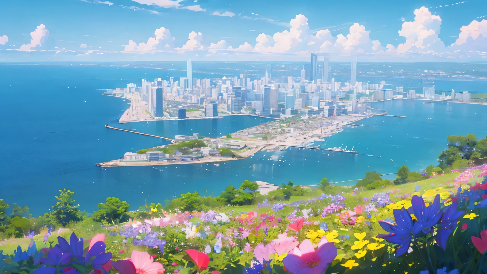 beautiful sea with the sky and the sun in the clouds, a lot of flowers city in the summer in the background 10 am