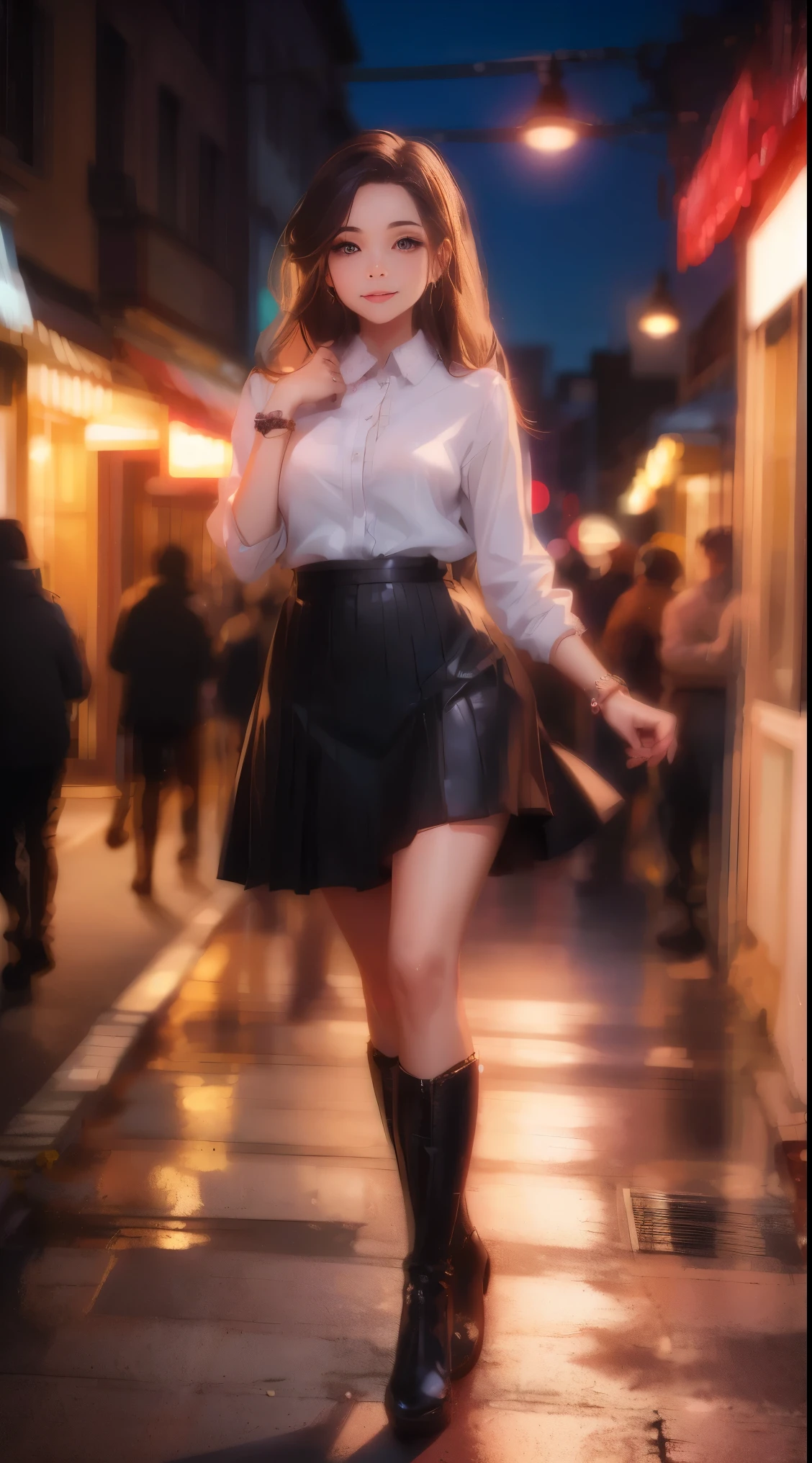 8k, melhor qualidade, high resolution, realista, pessoa real, red light district at night, sorriso, jovem linda garota solteira, grande, decote, metallic pleated skirt, May, botinhas com salto, (wearing lots of chic accessories