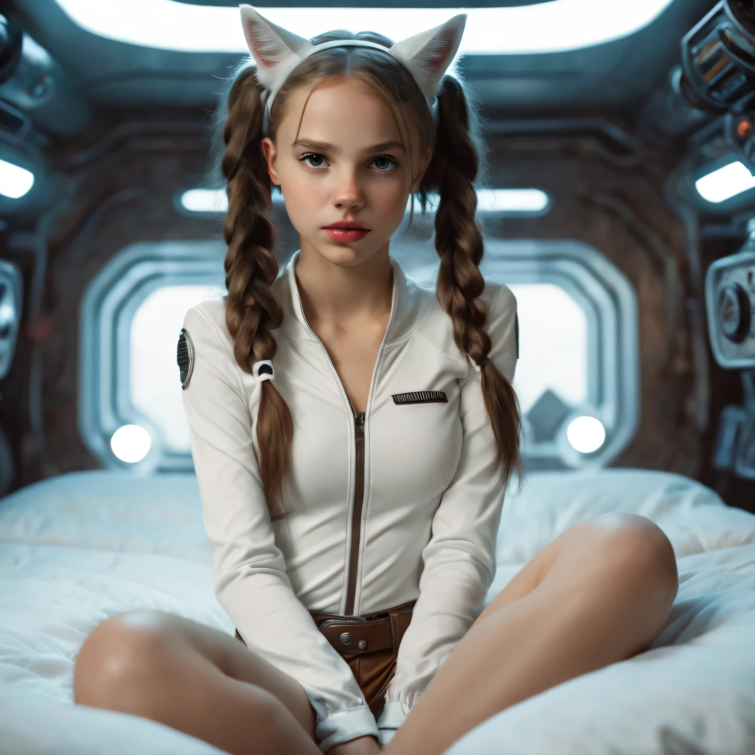 Young  girl,  (((White Race Western European girl ))), sitting on a bed,  in a cyberpunk steel bunker with hatches etc.,  in the background. she  wearing white cats ears. She has twintail hairstyle.  girl,  slim petite,  smagirl,  beul breasts.  Masterpiece,  8k,  4k,  high resolution,  dslr,  ultra quality,  sharp focus,  tack sharp,  dof,  film grain,  Fujifilm XT3,  crystal clear,  8K UHD,  highly detailed eyes,  high detailed skin,  skin pores,  seductive,   look,  bewitching lady with beautiful long hair,  brown eyes,  full lips,  long legs,  lovely face wearing torn vaultsuit clothes. , realistic colors, realistic, natalee, photorealistic, (((WHITE race Western,GIRL)))