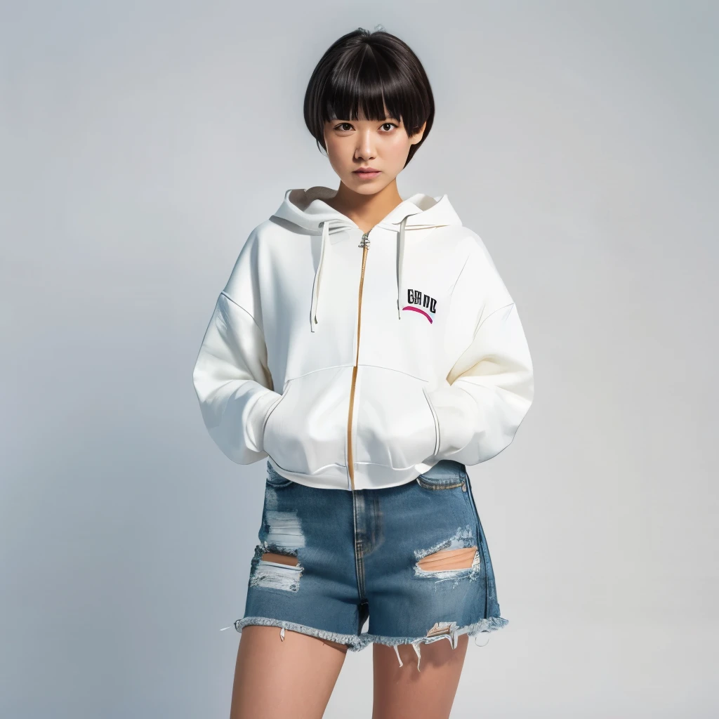In 8K、ultra high resolution、highest quality、debris flielue denim shorts、A woman standing wearing a white zip-up hoodie、short hair、full body image