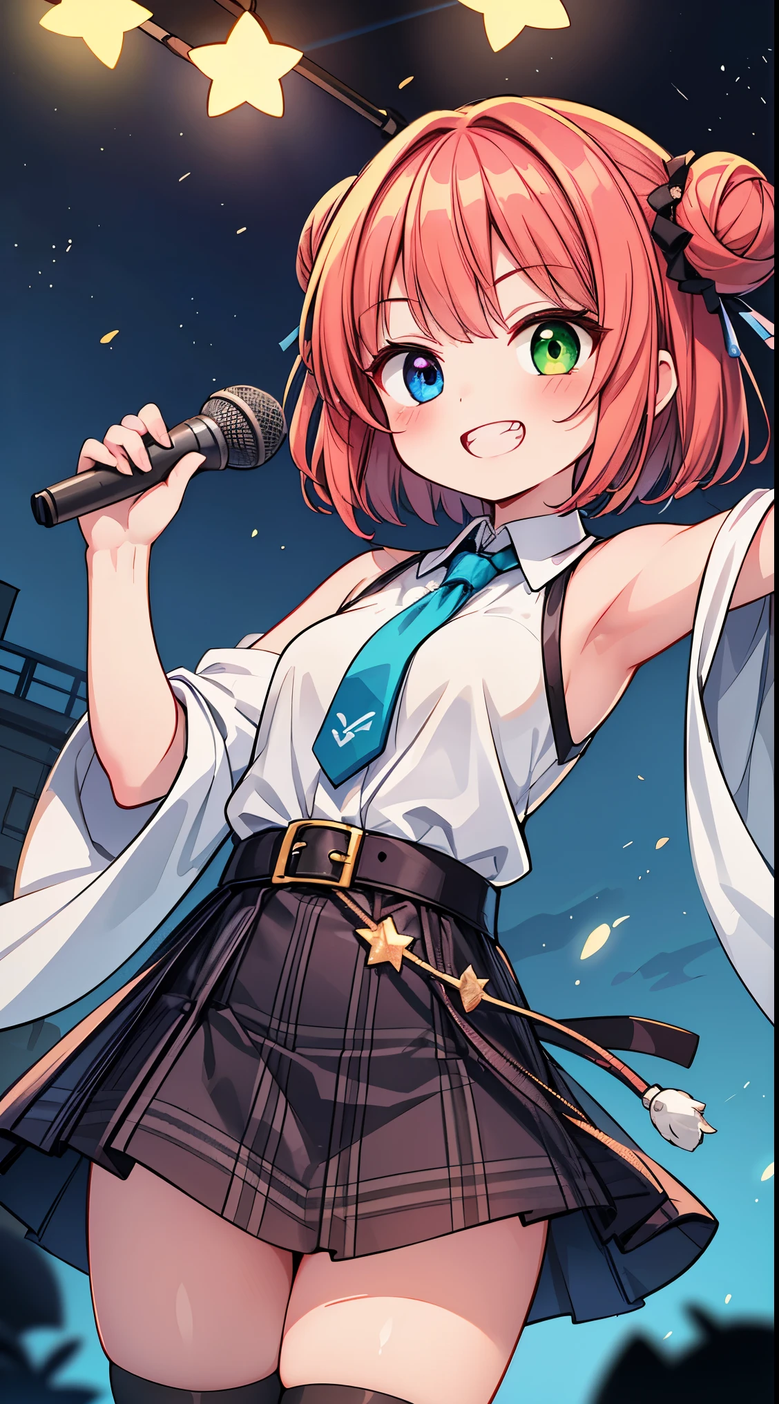 (masterpiece, top quality, best quality, official art, beautiful and aesthetic:1.2),ultra-detailed,intricate details,amazing illustration,award-winning art,atmospheric,
BREAK, 1 beautiful girl, (kawaii:1.5), (Chibi: 0.8), (kawaii: 1.5), (Lori: 0.5), ( girl), BREAK(Red hair, short-hair,Two bunsThe hair:1.4),(:D,grin:1.3),( Heterochromia,The blue eye,The green eye, Eye Highlights,The first hyperfine stars:1.45) star the eye silhouette thick eyelashes, naked boobs double eyelids:1.2),(de pele branca),BREAK,Clear skin,Beautiful skin, ,(top quality faces),(The eye shines with the highest quality),(best lol faces,:D:1.45),
BREAK,arms below breasts,
BREAK, necktie, leather jacket, plaid skirt, belt, boots, black legwear,
BREAK
singing, shouting, microphone, (holding microphone stand:1.2), (leaning forward:0.7), serious,
BREAK
Japanese flag bikini, high leg, open mouth, have a microphone, giving a speech in front of a crowd, shiny skin, battlefield ruins,
BREAK,wakame,wakame,wakame,(Cowboy Shot:1.4),
BREAK,(Blurry background:1.3),(absurderes, hight resolution, Super Detail Art),cel shading,Clear Color, Lonely optical effect, Beautiful pictures, Bright glow, mystic atmosphere,(Close-up of girl:1.1), Mystical light particle effect,manga influence, clean line drawings,
