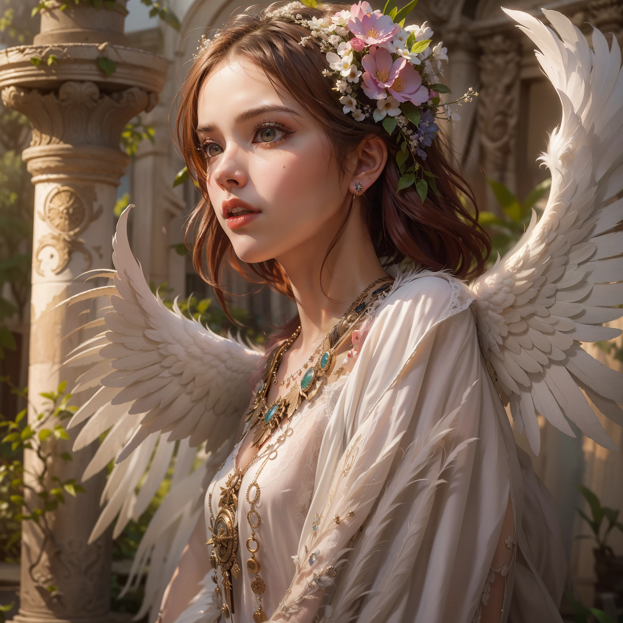 (award-winning masterpieces galore, incredibly detailed, textured and maximally detailed), (hyper realistic:1.4), (realistic:1.3), (top quality realistic textured skin), (dense perfect circle symmetrically beautifully rendered eyes), (angelic light Circle of Divine Radiance Overhead: 1.8), ((Medieval World)), (Black Angel of the Lord or White Angel of the Lord: 1.6), (Full Length Standing Image: 1.8), (Beautiful Kind Eyes), (Loving Beautiful Colored Eyes), (Magnificent Cloud Masses and Sky), (Halo Optical Phenomenon: 1.3), (Dramatic light), (majestic scene), (so beautiful in its expression of serenity and tenderness), ((big old wings with pure white feathers behind shoulders)), flower earrings on ears, (((dramatic photo))), (twilight), (sunset), (dusk), (sacred pose)), (pink hair), (chestnut hair ), flower garden, (elaborately crafted necklace around her neck), old ruins infested with plants, great temple, cathedral, ruins of temple, temple away from temple, (glowing magic circle), ruins of ancient castle, deserted ruins, crumbling ruins, ancient ruins with clear water, holy light, epic realistic, ((neutral color )), (HDR:1.5), (subdued colors:1.2), highly detailed, cinematic, warm light, dramatic light, (complex details:1.1), complex background, petals, pastel colors