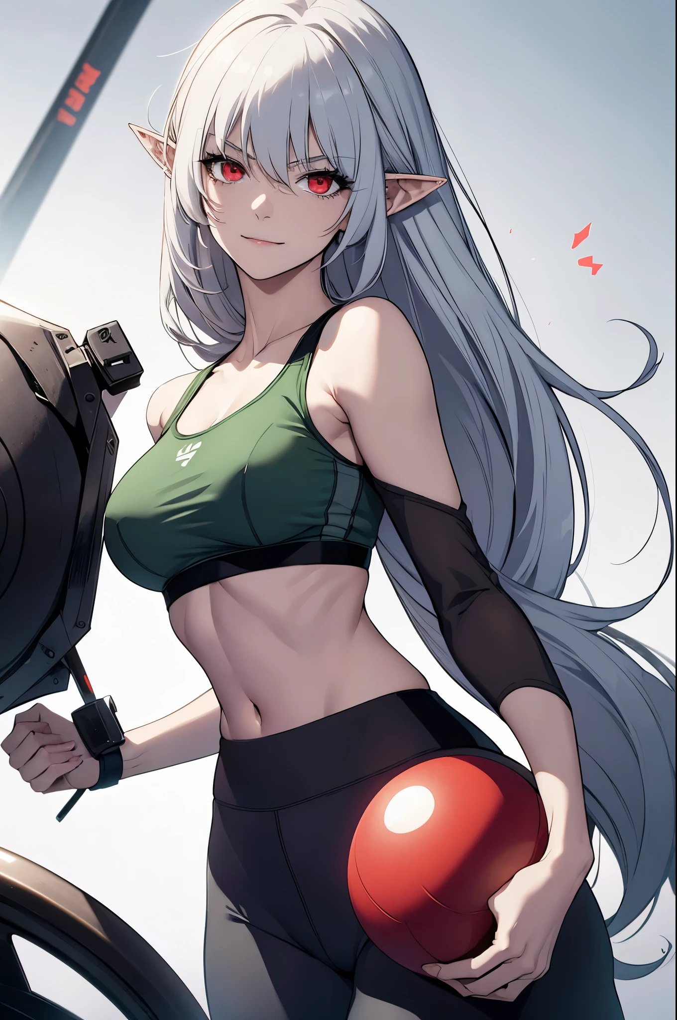 alice,vampire,grey hair, long hair, red eyes, pointy ears, small breasts,alice,vampire,grey hair, long hair, red eyes, pointy ears, small breasts,, best quality, photorealistic, yujiasuit, yoga sports bra, yoga pants, 1girl, solo, , yoga ball, pants, looking at viewer, smile, green sports bra, simple background, , midriff, long hair, breasts, green pants, sportswear, tank top, upper body,