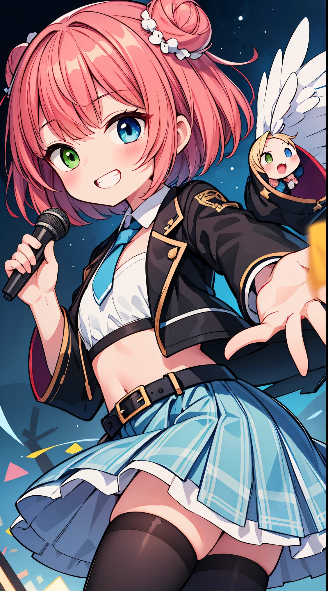 (masterpiece, top quality, best quality, official art, beautiful and aesthetic:1.2),ultra-detailed,intricate details,amazing illustration,award-winning art,atmospheric, 
BREAK, 1 beautiful girl, (kawaii:1.5), (Chibi: 0.8), (kawaii: 1.5), (Lori: 0.5), (17 years old girl), BREAK(Red hair, short-hair,Two bunsThe hair:1.4),(:D,grin:1.3),( Heterochromia,The blue eye,The green eye, Eye Highlights,The first hyperfine stars:1.45) star the eye silhouette thick eyelashes, naked boobs double eyelids:1.2),(de pele branca),BREAK,Clear skin,Beautiful skin, ,(top quality faces),(The eye shines with the highest quality),(best lol faces,:D:1.45),
BREAK,arms below breasts,

BREAK, necktie, leather jacket, plaid skirt, belt, boots, black legwear,
BREAK
speeding, shouting, microphone, (holding microphone stand:1.2), (leaning forward:0.7), serious,
BREAK

Japanese flag bikini, high leg, open mouth, have a microphone, giving a speech in front of a crowd, shiny skin, battlefield ruins,

BREAK,wakame,wakame,wakame,(Cowboy Shot:1.4),

BREAK,(Blurry background:1.3),(absurderes, hight resolution, Super Detail Art),cel shading,Clear Color, Lonely optical effect, Beautiful pictures, Bright glow, mystic atmosphere,(Close-up of girl:1.1), Mystical light particle effect,manga influence, clean line drawings,